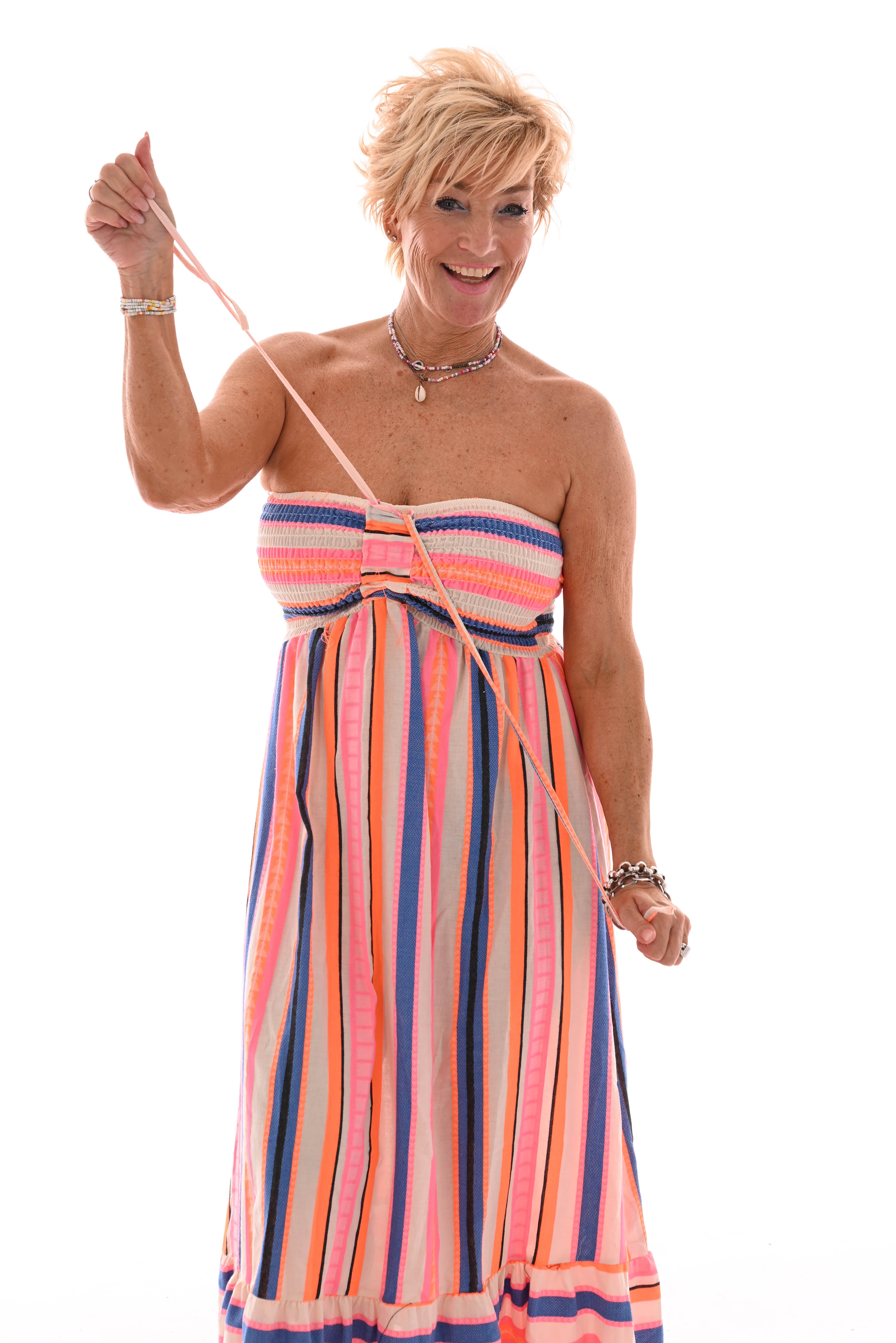 Strapless jurk aztec elastieken band creme/oranje