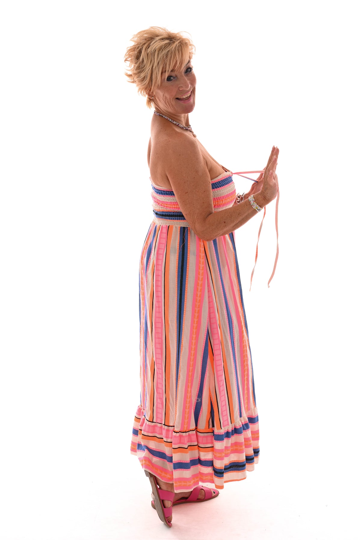 Strapless jurk aztec elastieken band creme/oranje