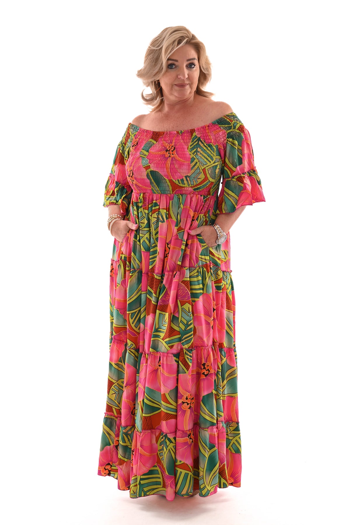 Smock jurk stroken roze/lime