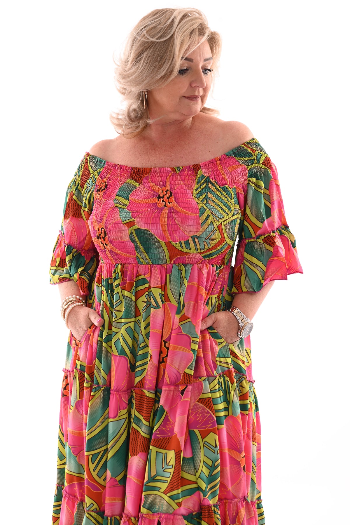 Smock jurk stroken roze/lime