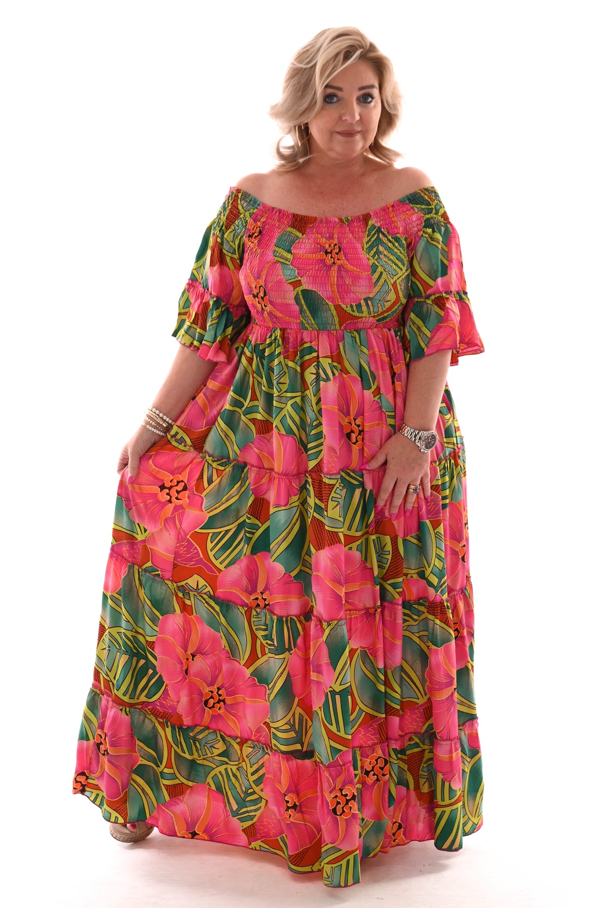 Smock jurk stroken roze/lime