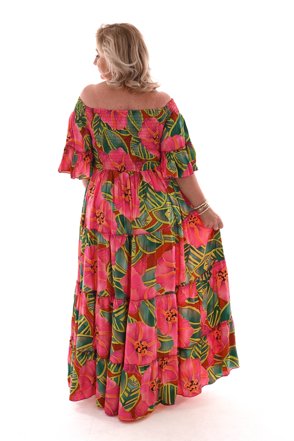 Smock jurk stroken roze/lime