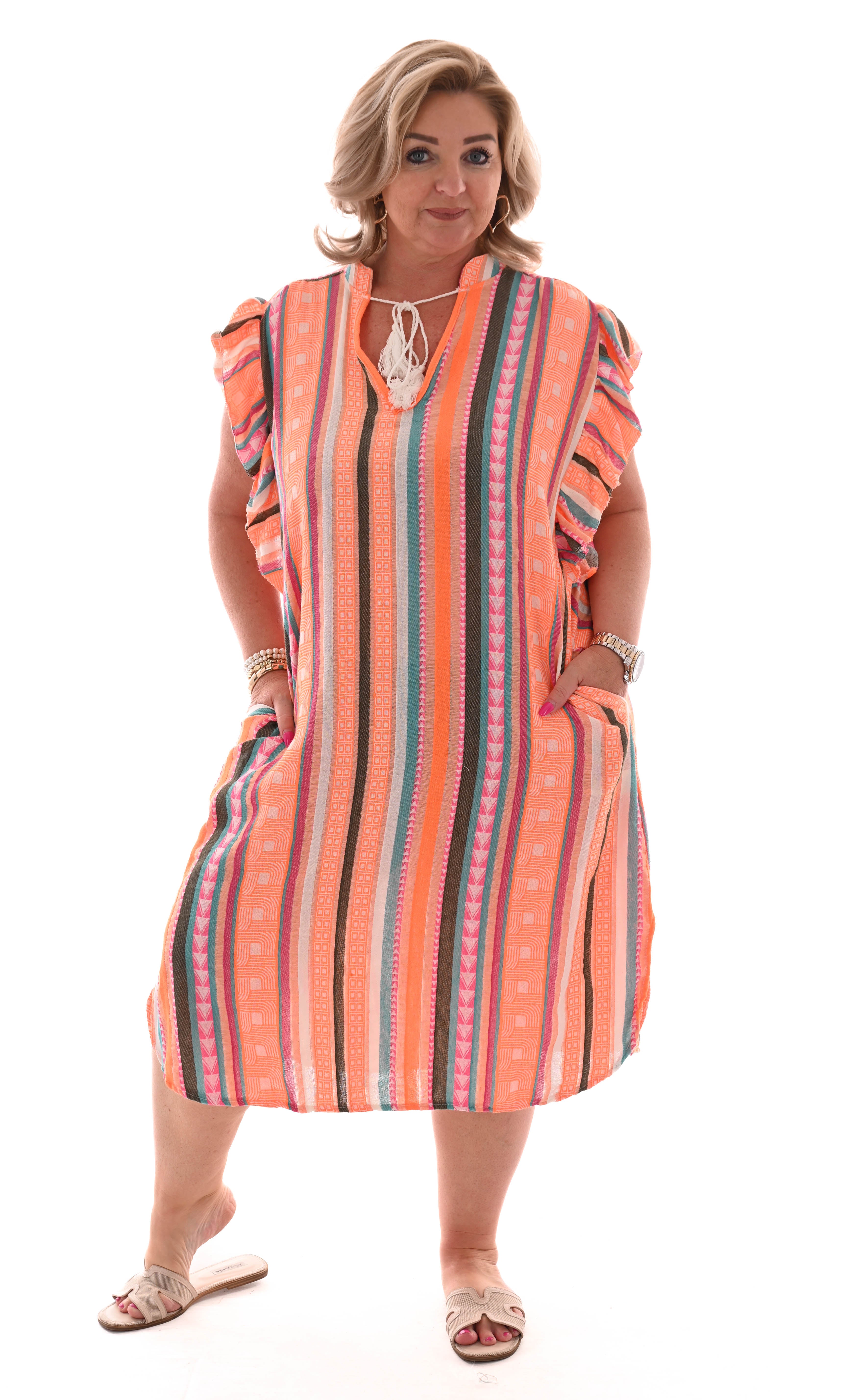 Tuniek aztec roezelmouwen oranje/groen