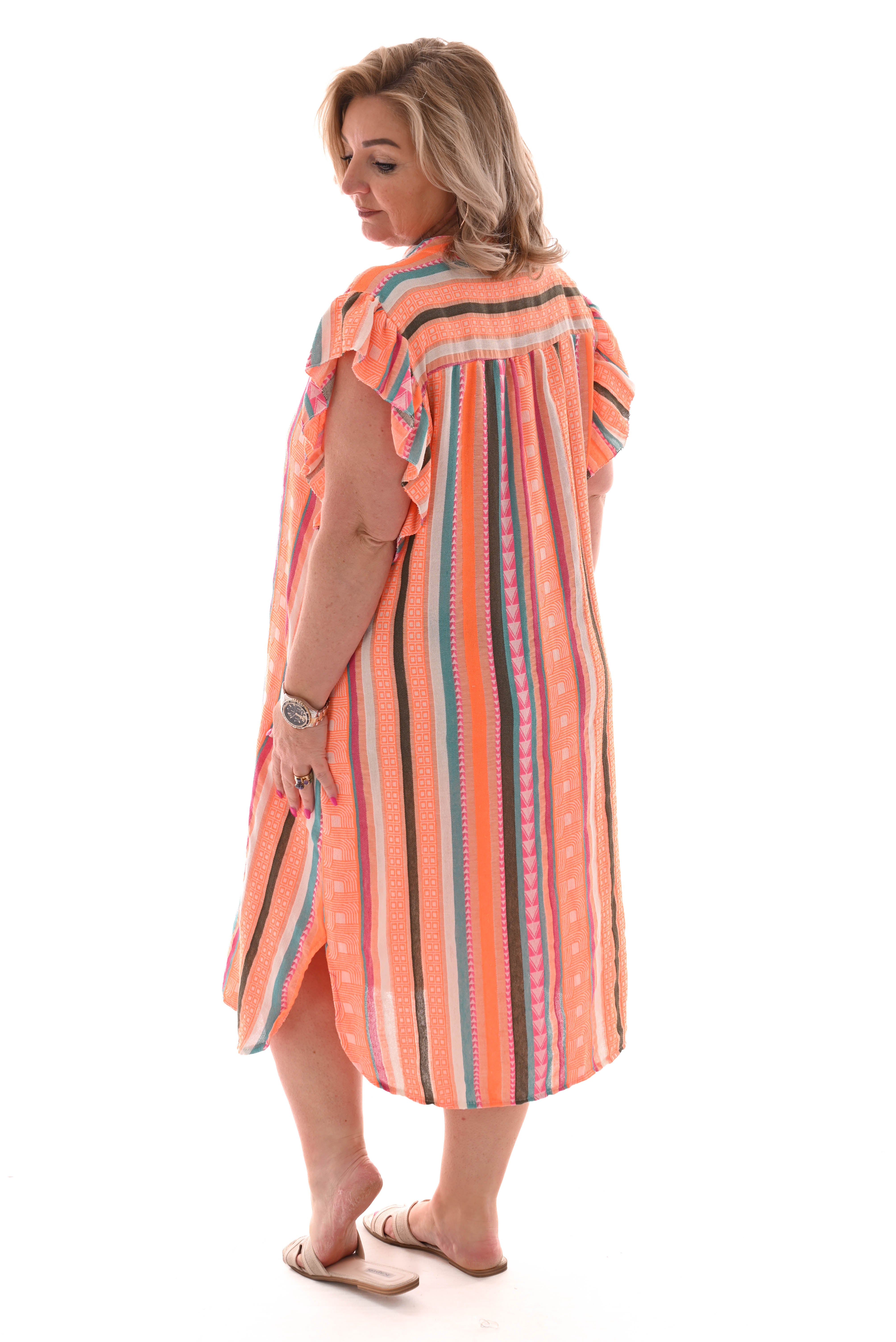 Tuniek aztec roezelmouwen oranje/groen