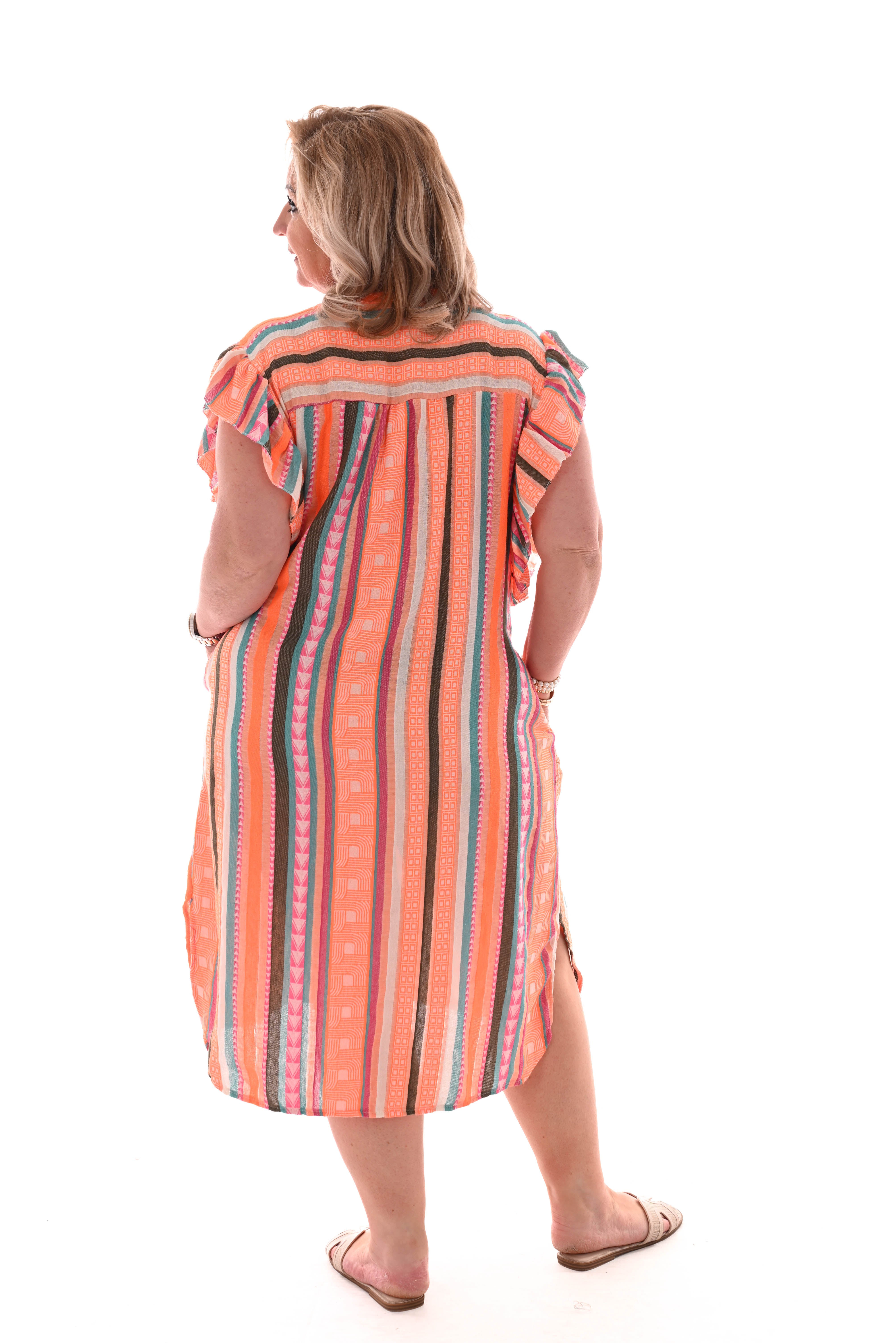 Tuniek aztec roezelmouwen oranje/groen