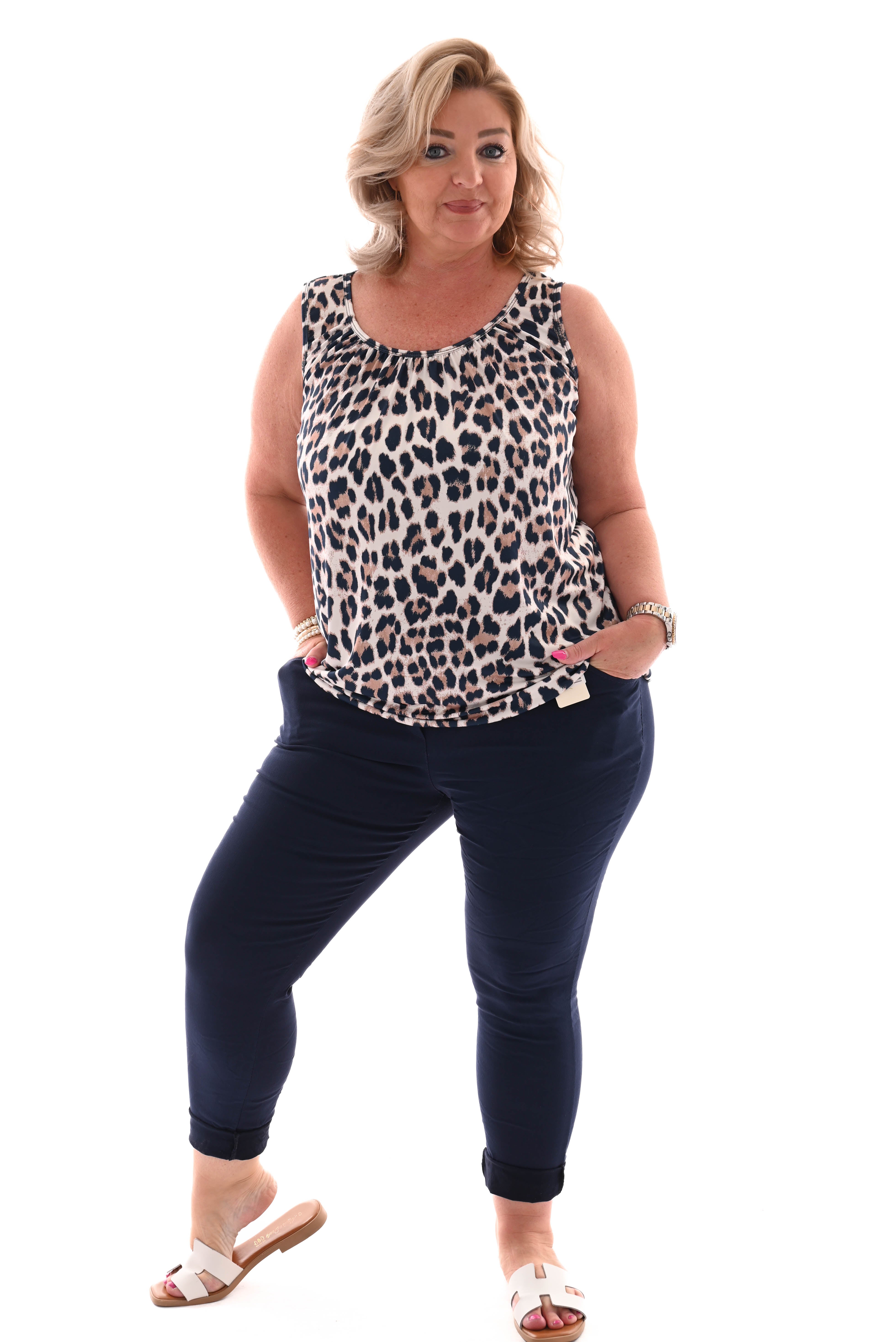 Ballon top mouwloos panter creme/bruin