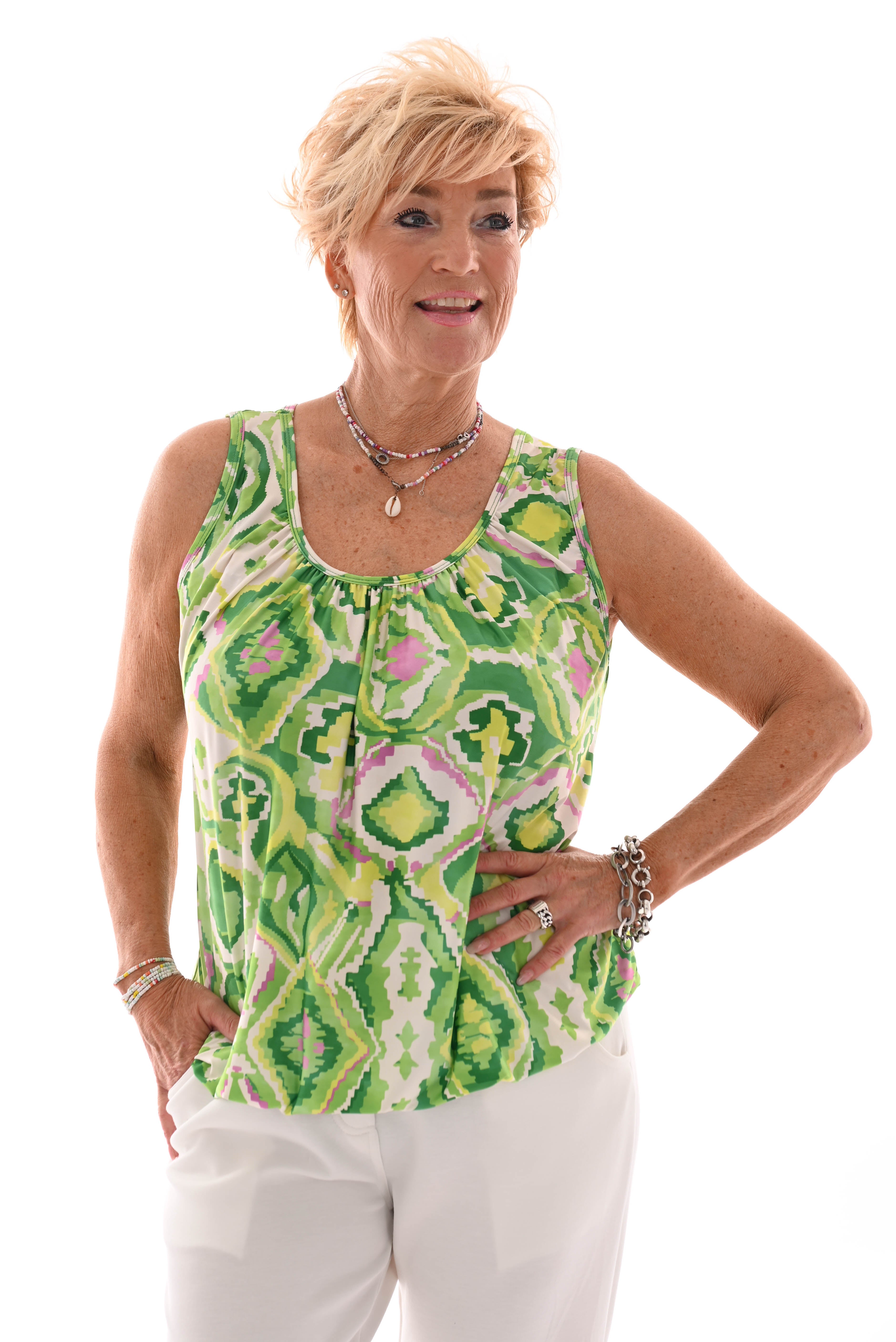 Ballon top mouwloos wave creme/groen