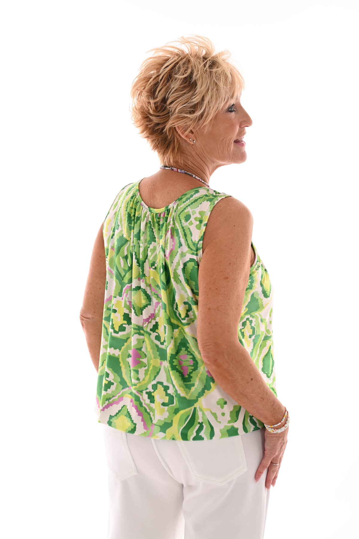 Ballon top mouwloos wave creme/groen