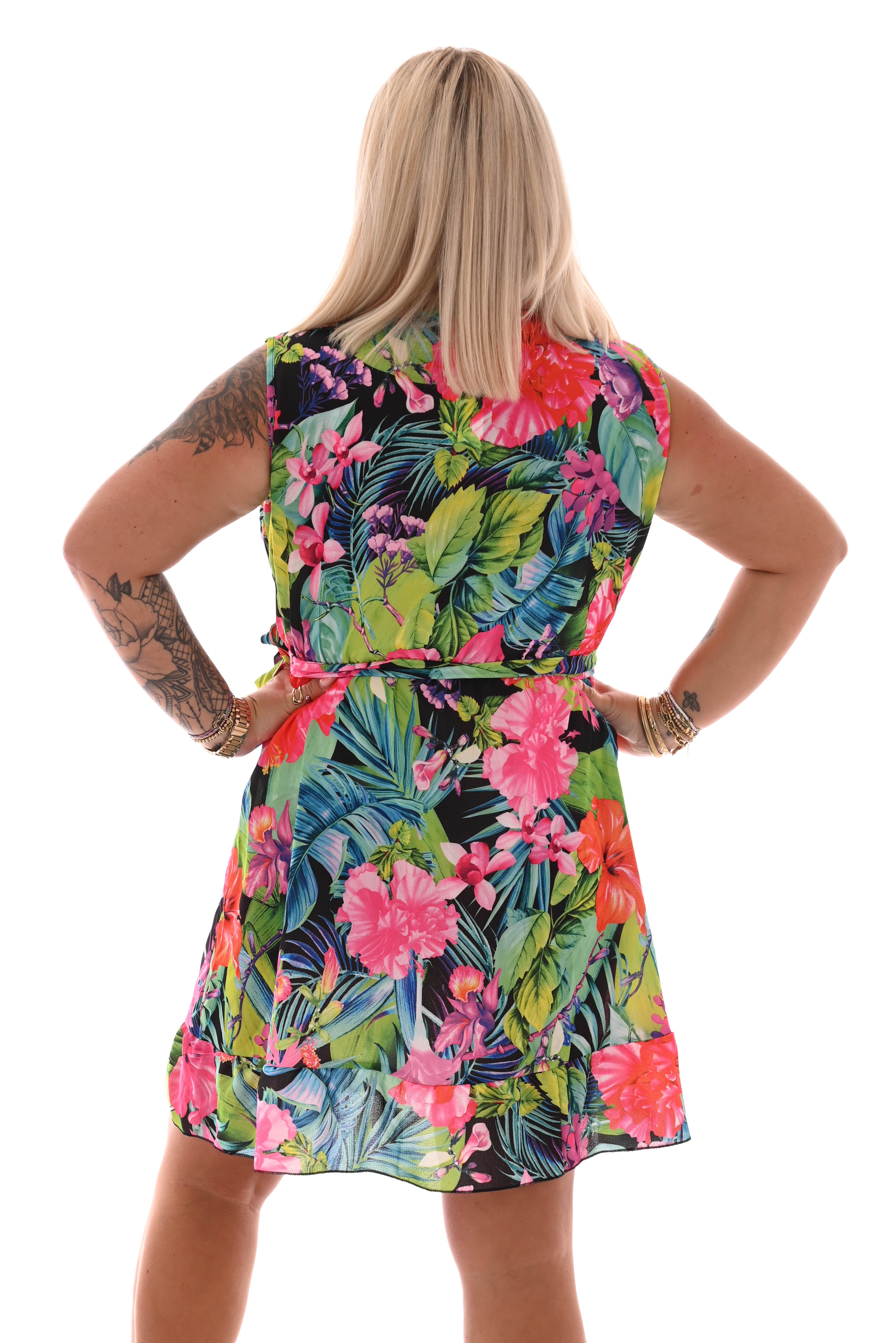Korte mouwloze jurk ceintuur tropical zwart/groen
