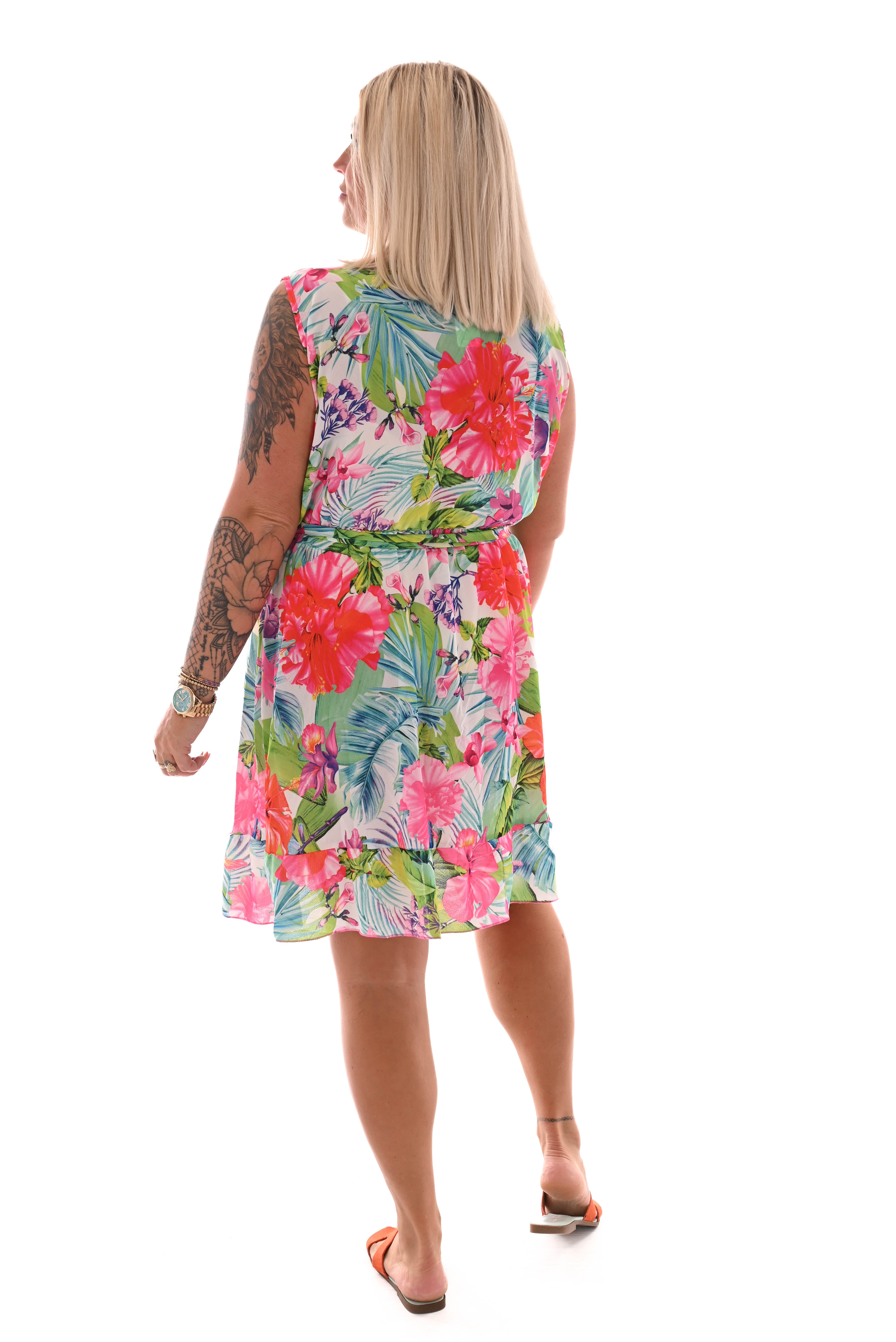 Korte mouwloze jurk ceintuur tropical wit