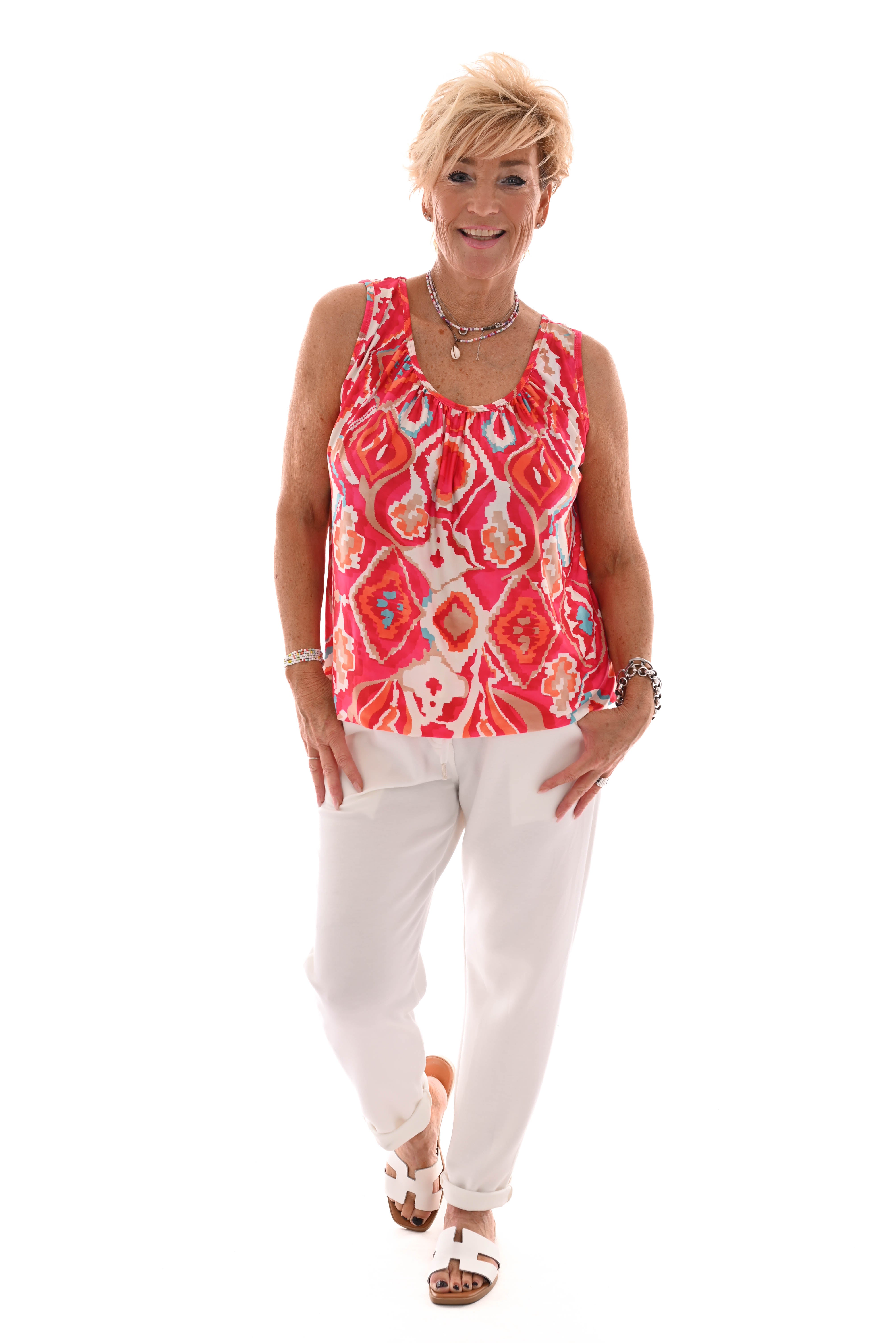 Ballon top mouwloos wave creme/rood