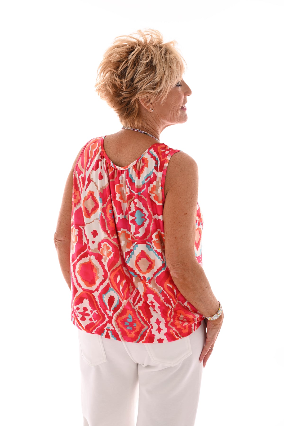 Ballon top mouwloos wave creme/rood