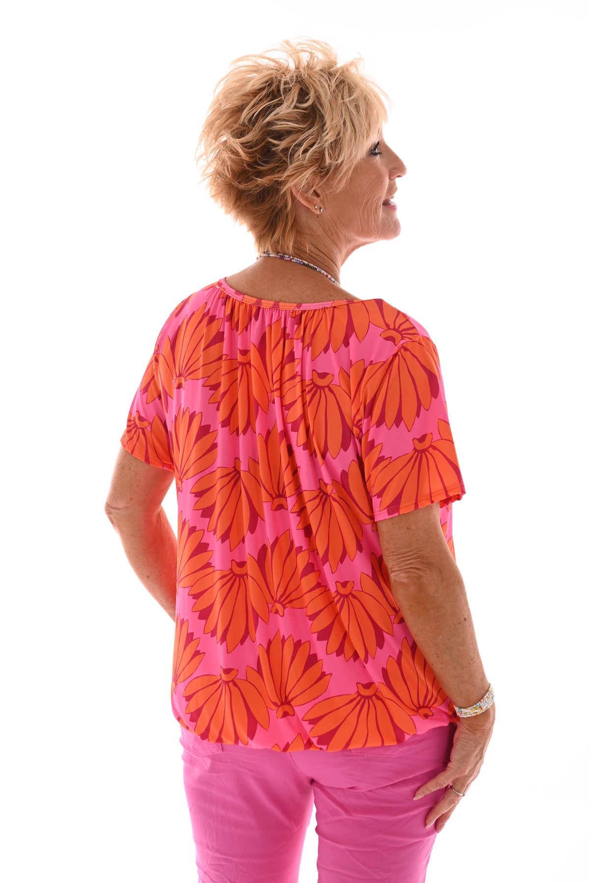 Ballon top korte mouwen bloemen roze/oranje