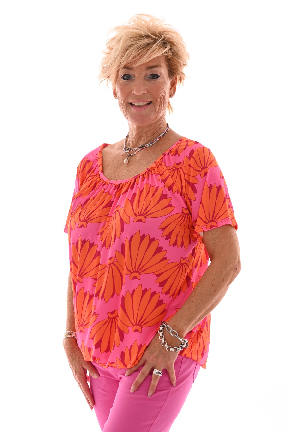 Ballon top korte mouwen bloemen roze/oranje