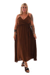 Maxi jurk spaghetti bandjes met strik uni bruin