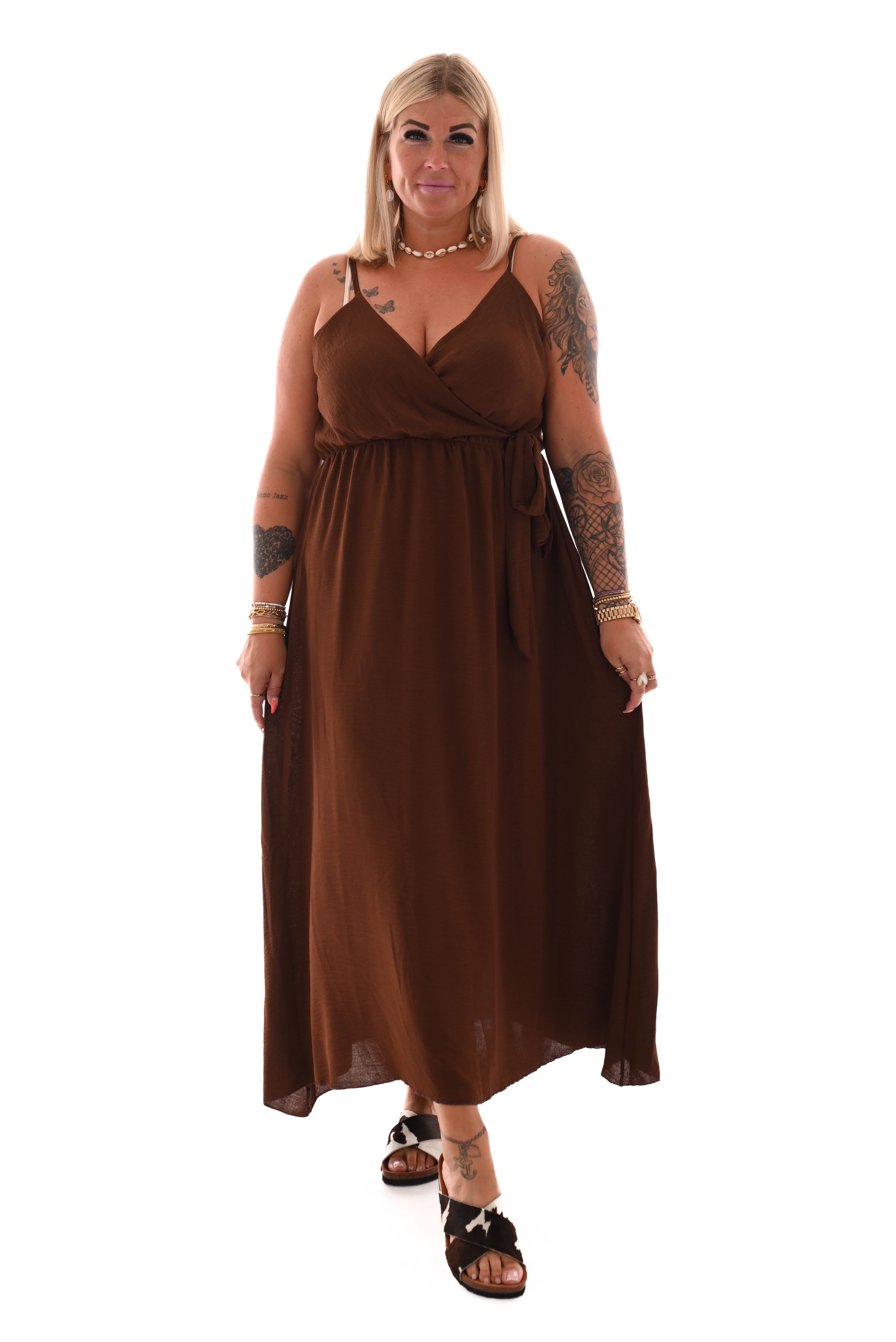 Maxi jurk spaghetti bandjes met strik uni bruin