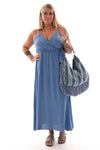 Maxi jurk spaghetti bandjes met strik uni jeansblauw