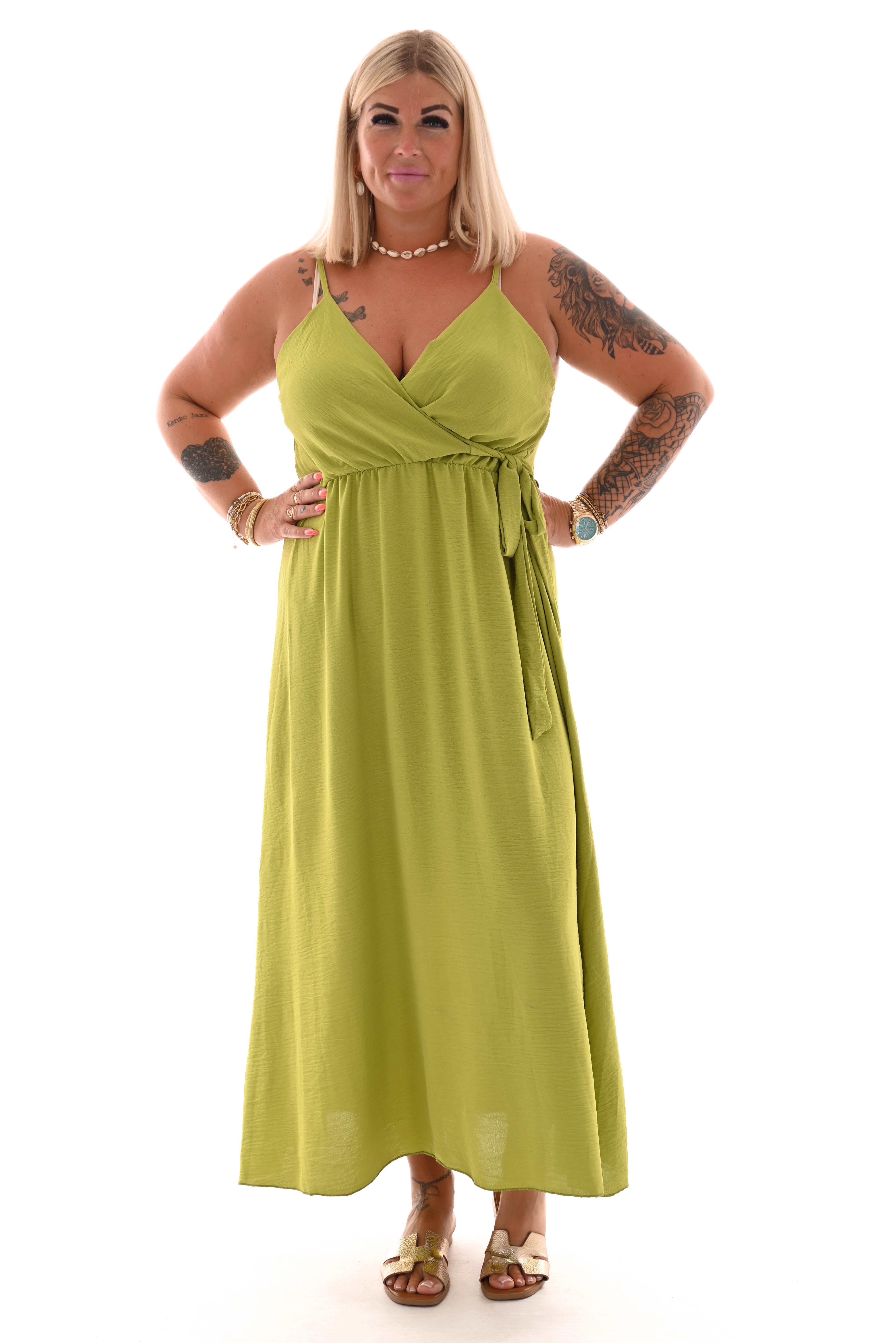 Maxi jurk spaghetti bandjes met strik uni lime
