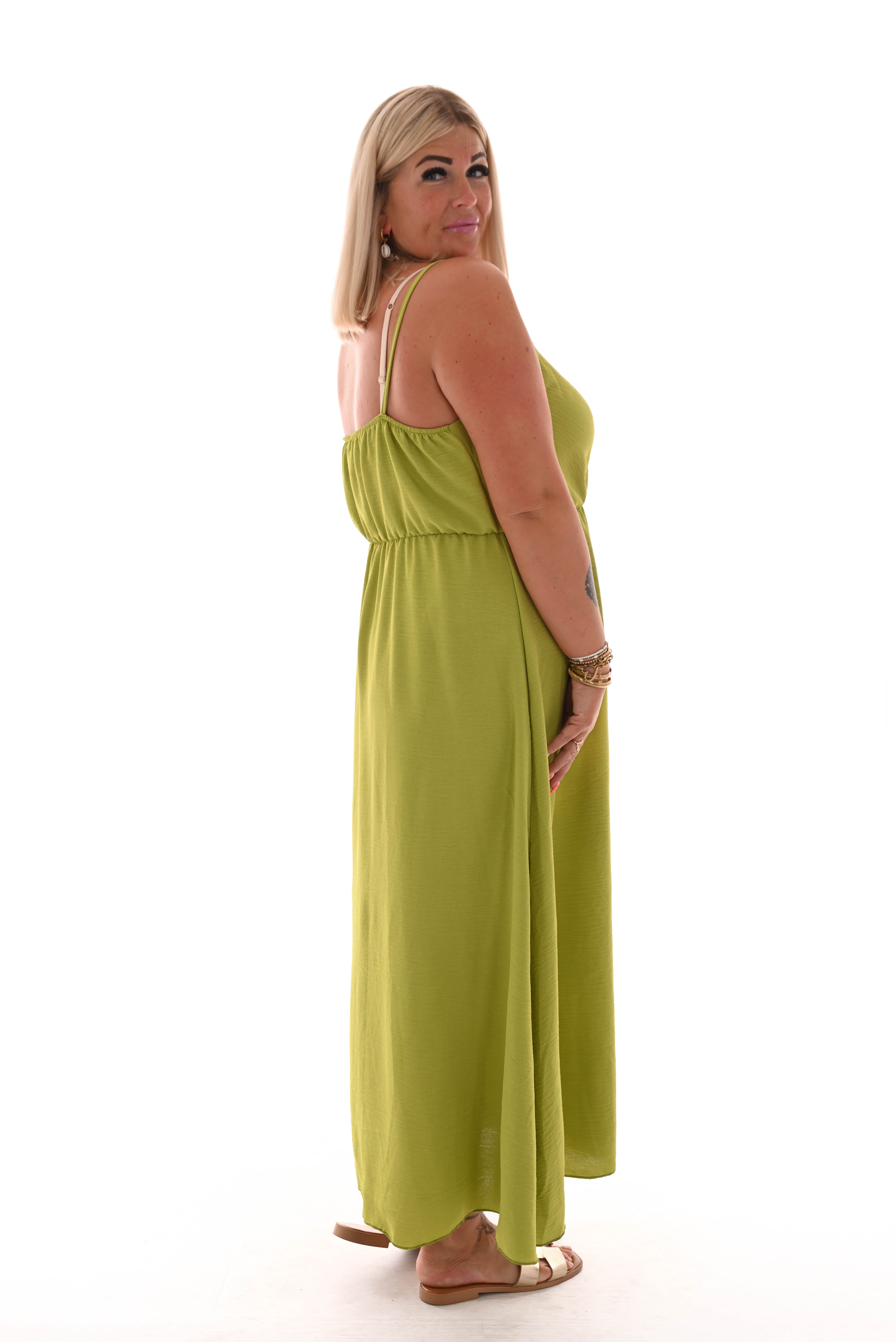 Maxi jurk spaghetti bandjes met strik uni lime