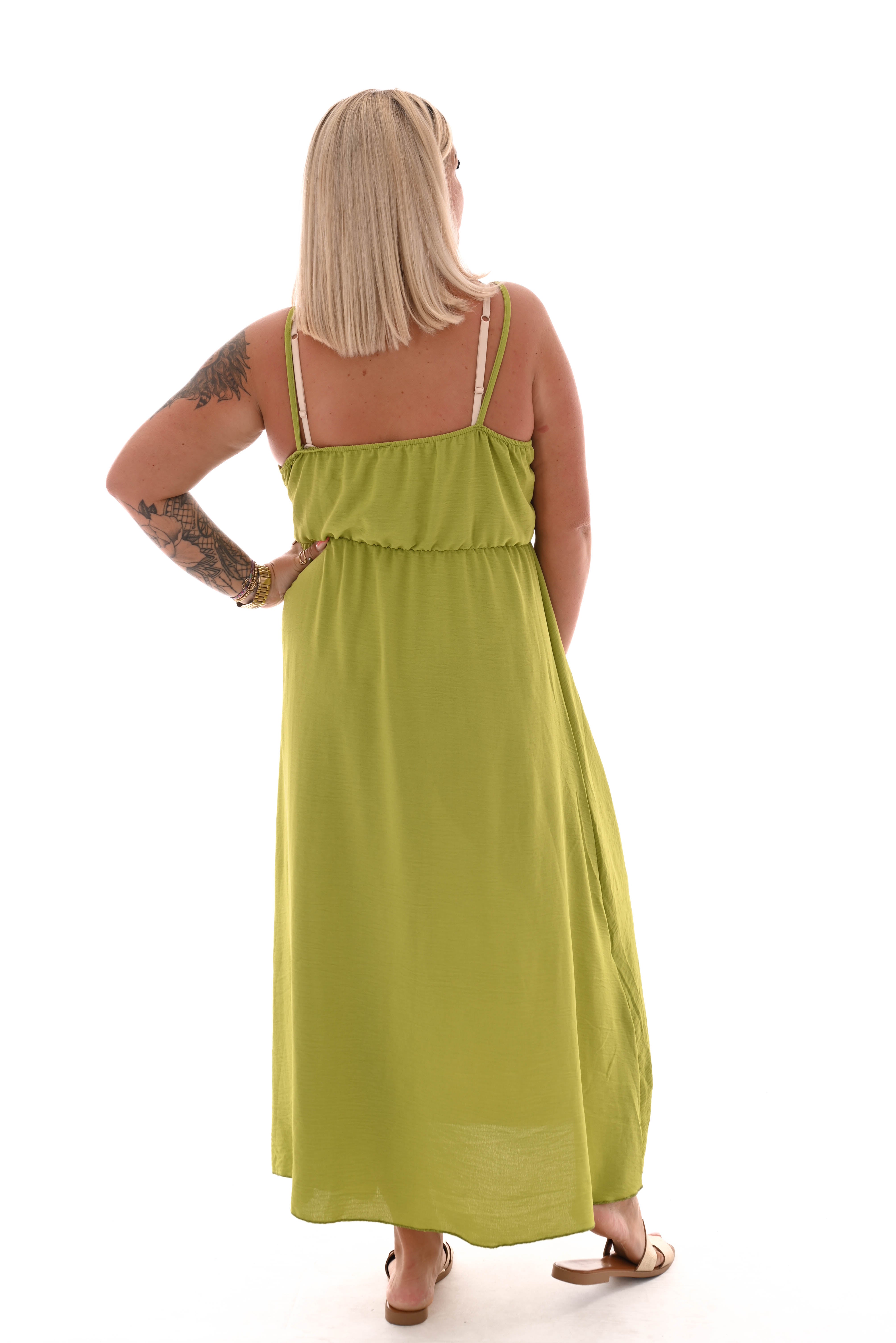 Maxi jurk spaghetti bandjes met strik uni lime