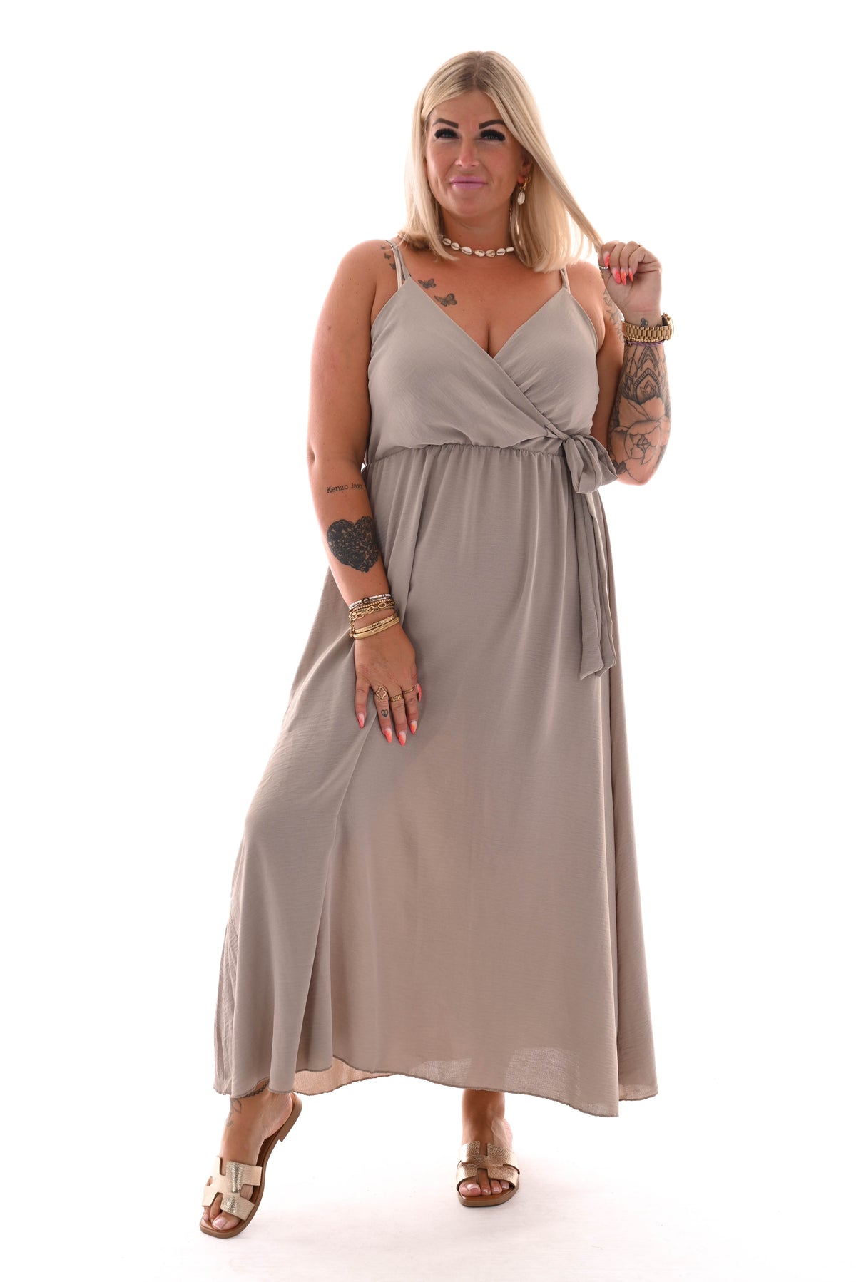 Maxi jurk spaghetti bandjes met strik uni taupe