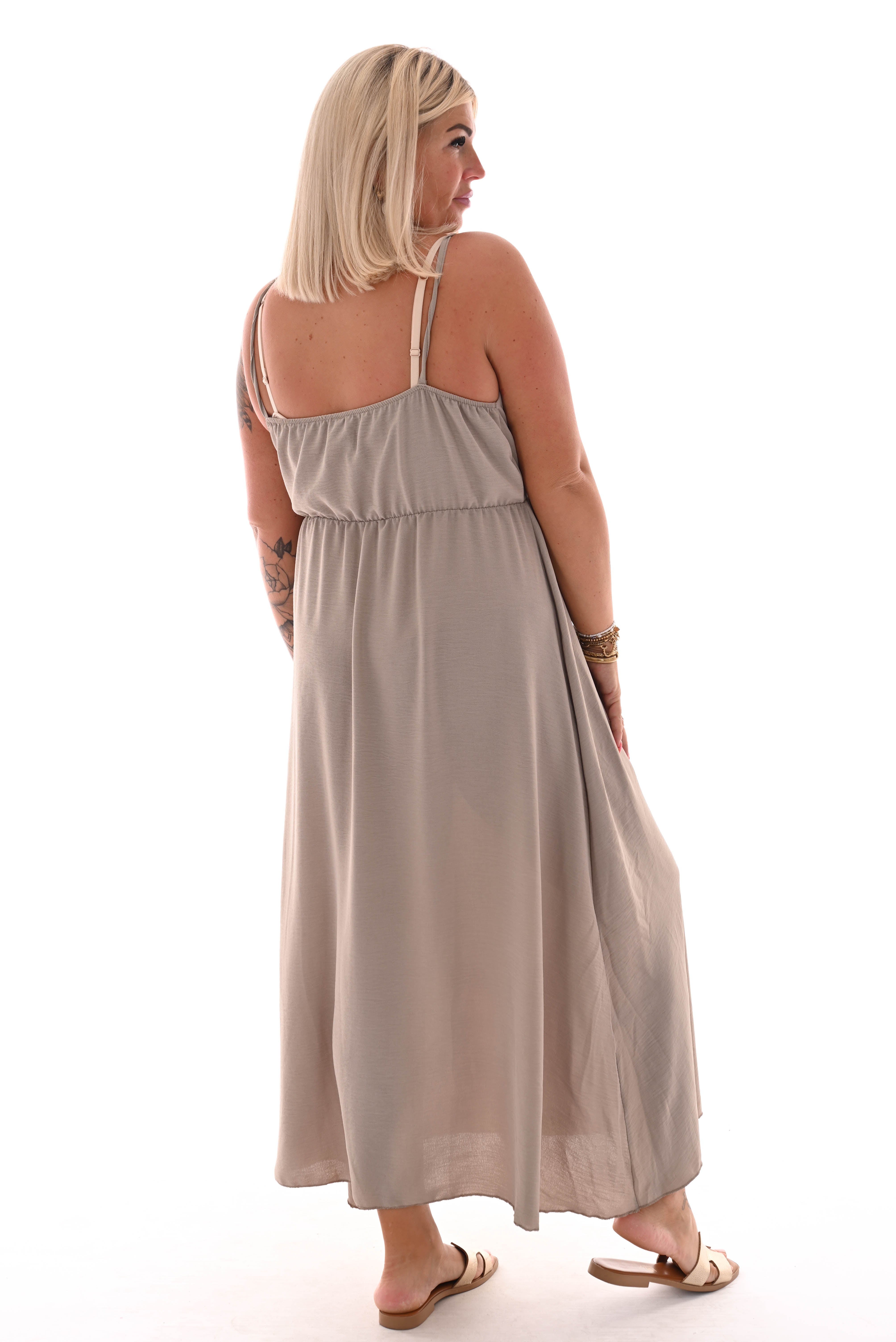 Maxi jurk spaghetti bandjes met strik uni taupe