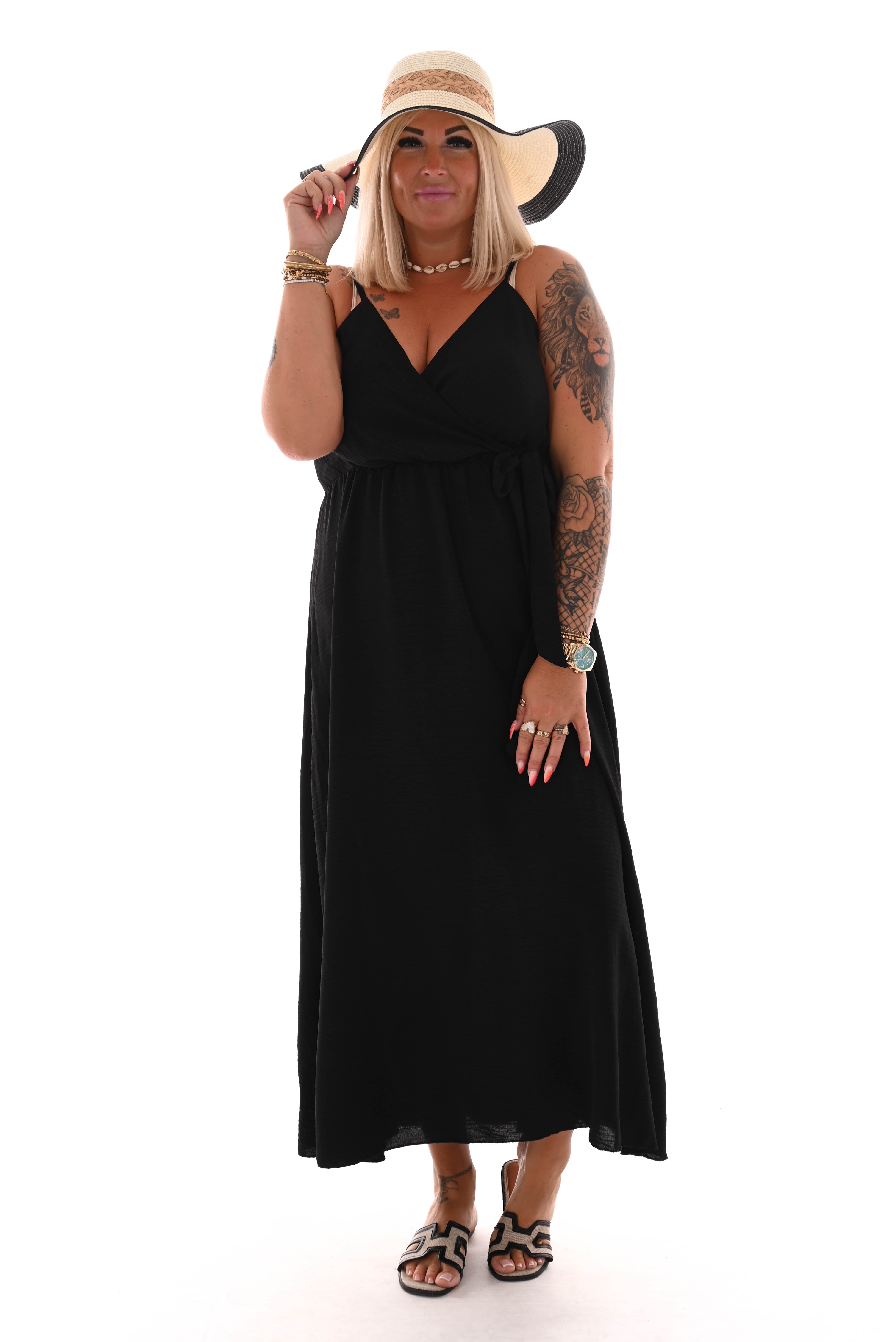 Maxi jurk spaghetti bandjes met strik uni zwart