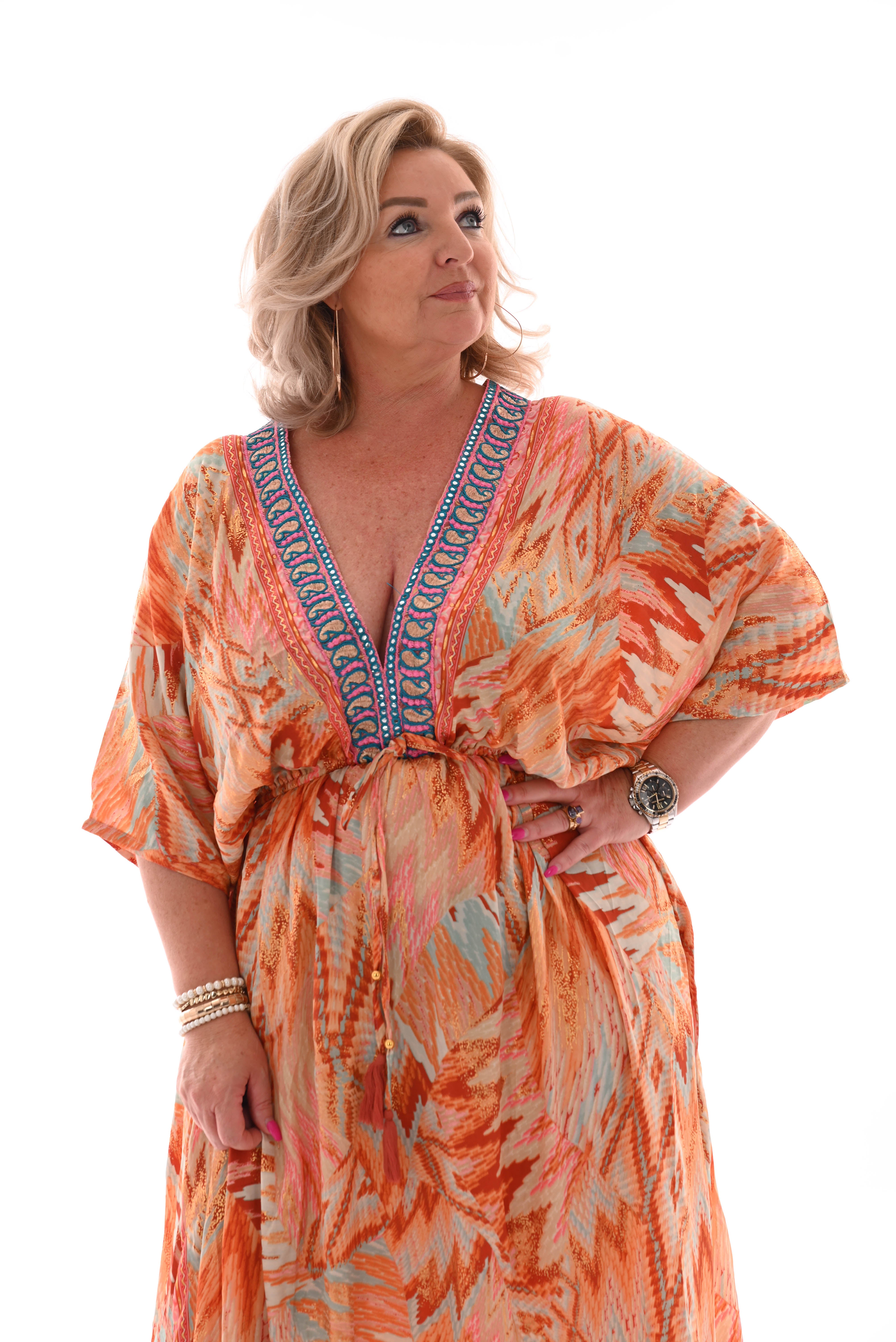 Lange jurk v-hals snake oranje/kobaltblauw
