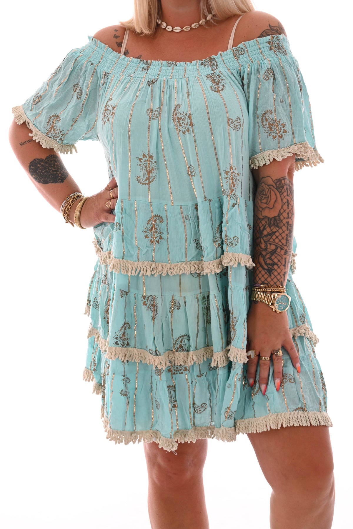 Tuniek boho franjes lichtblauw