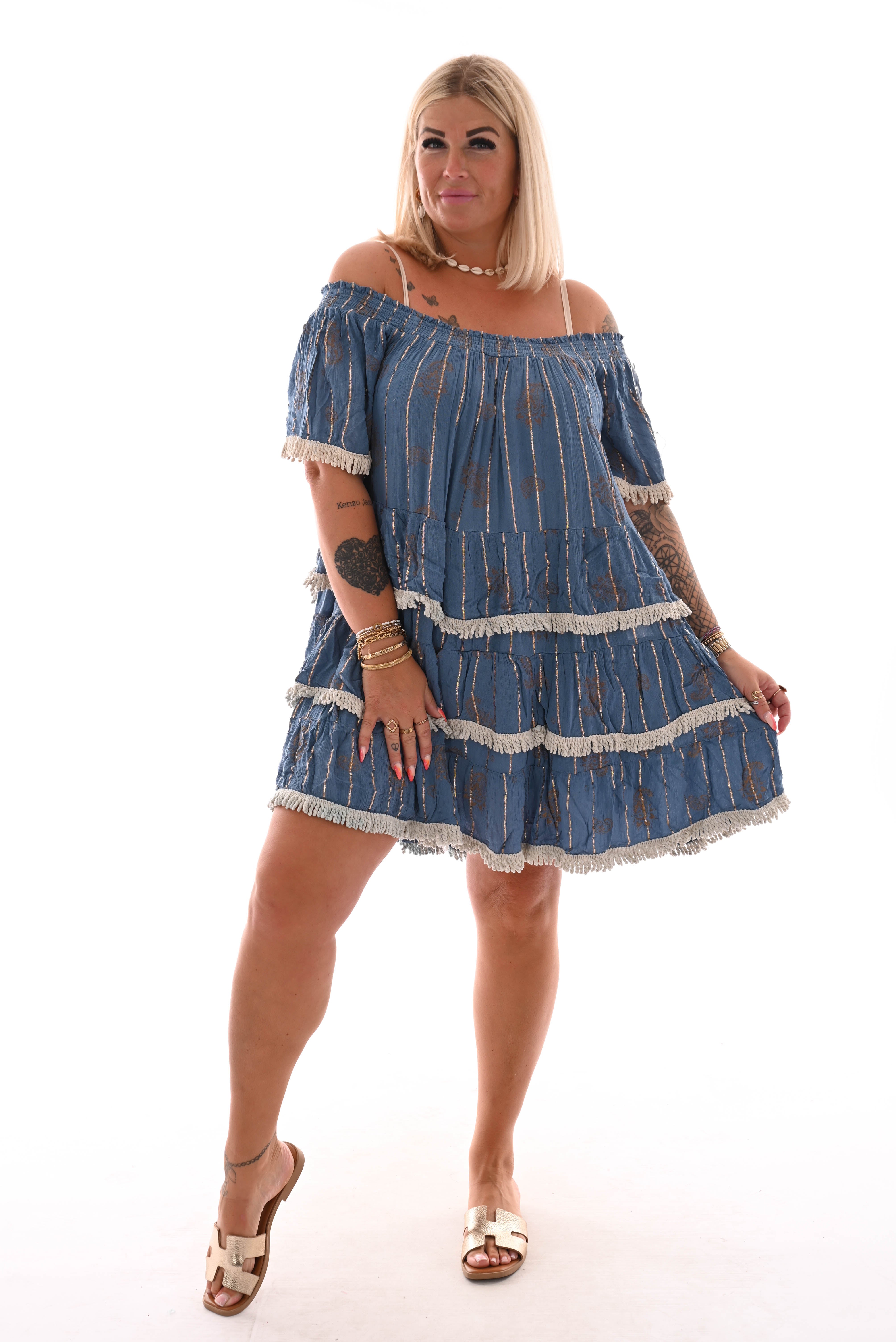 Tuniek boho franjes jeansblauw