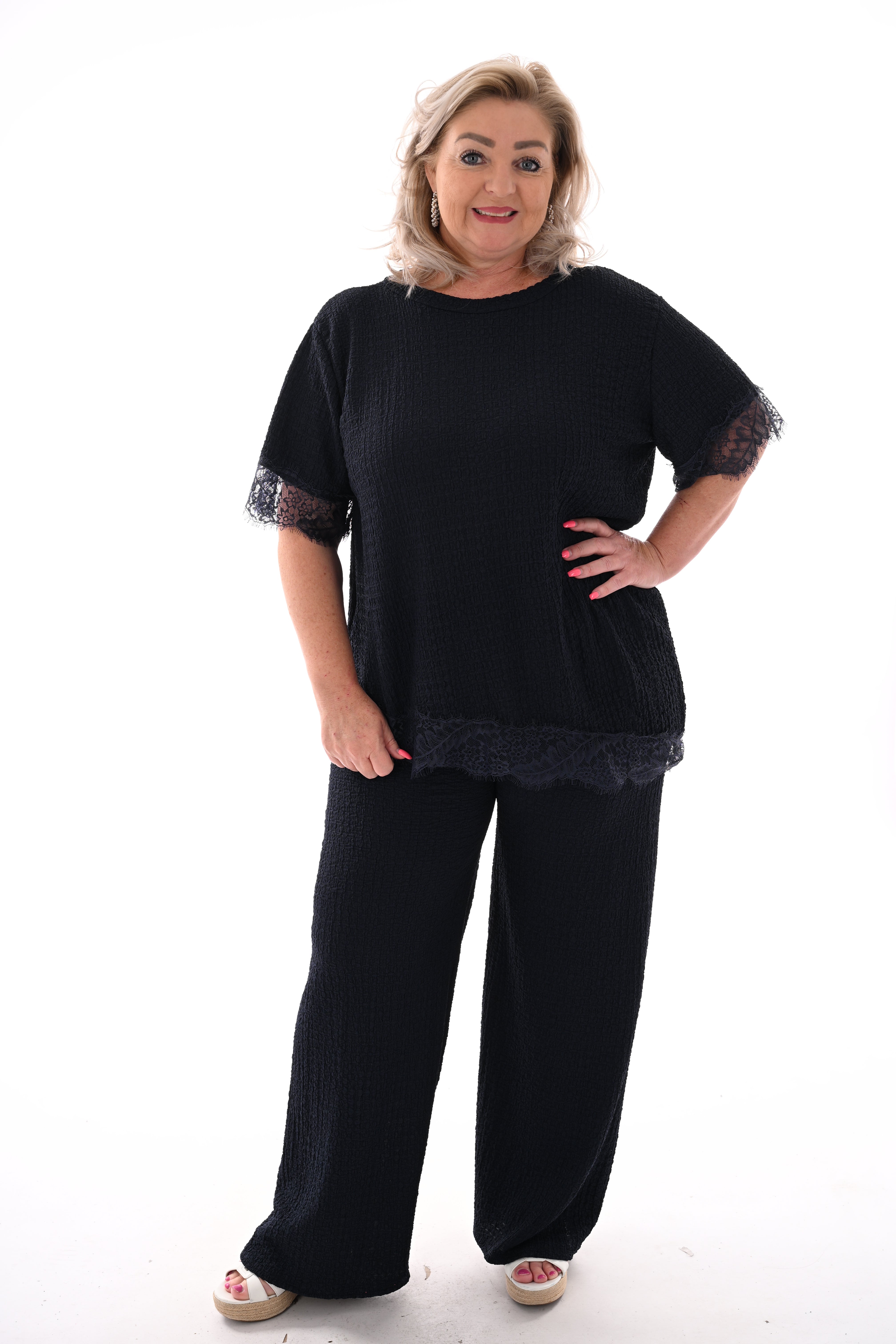 Tweedelig crepe set asymmetrisch marineblauw