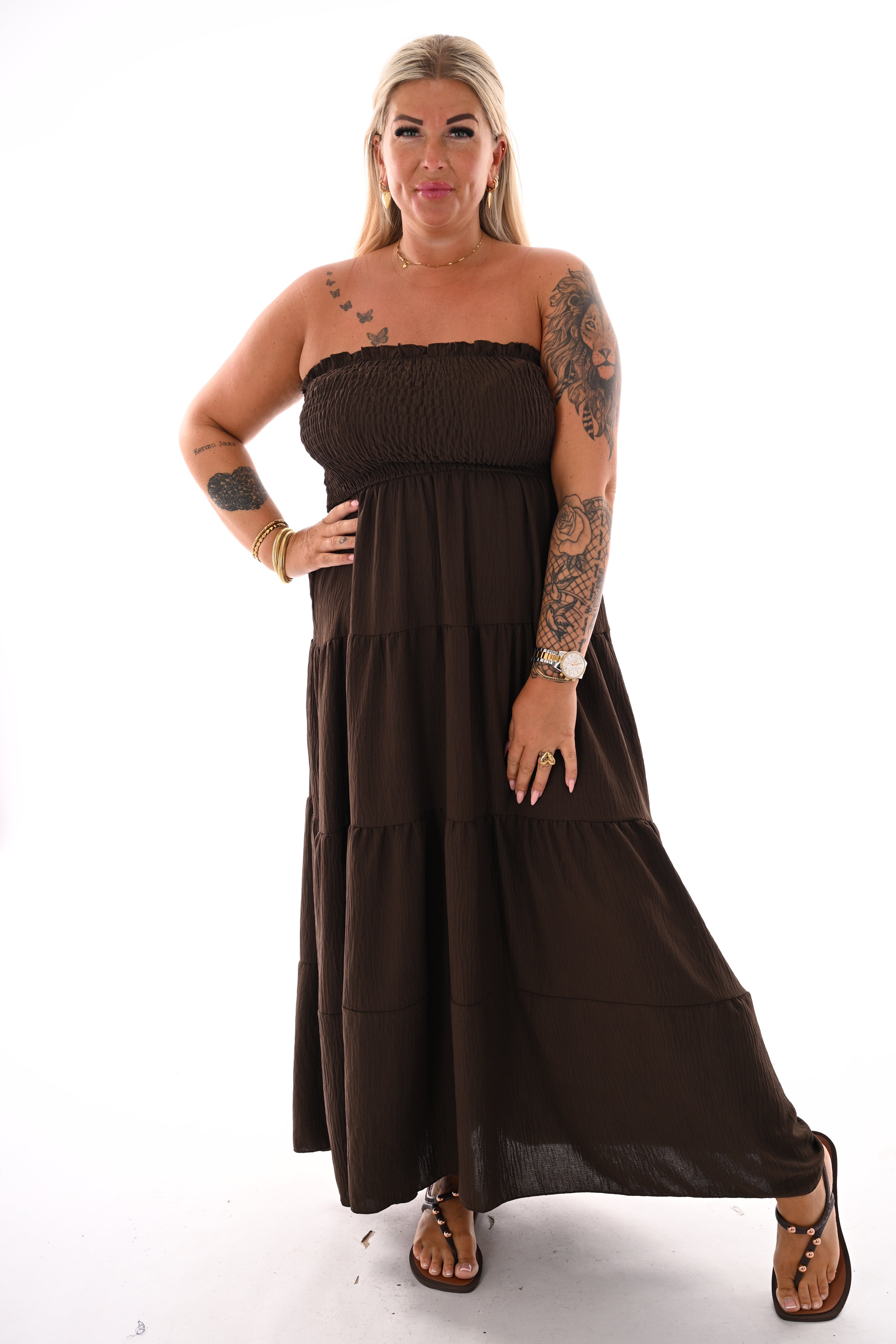 Off-shoulder jurk smock detail uni donkerbruin