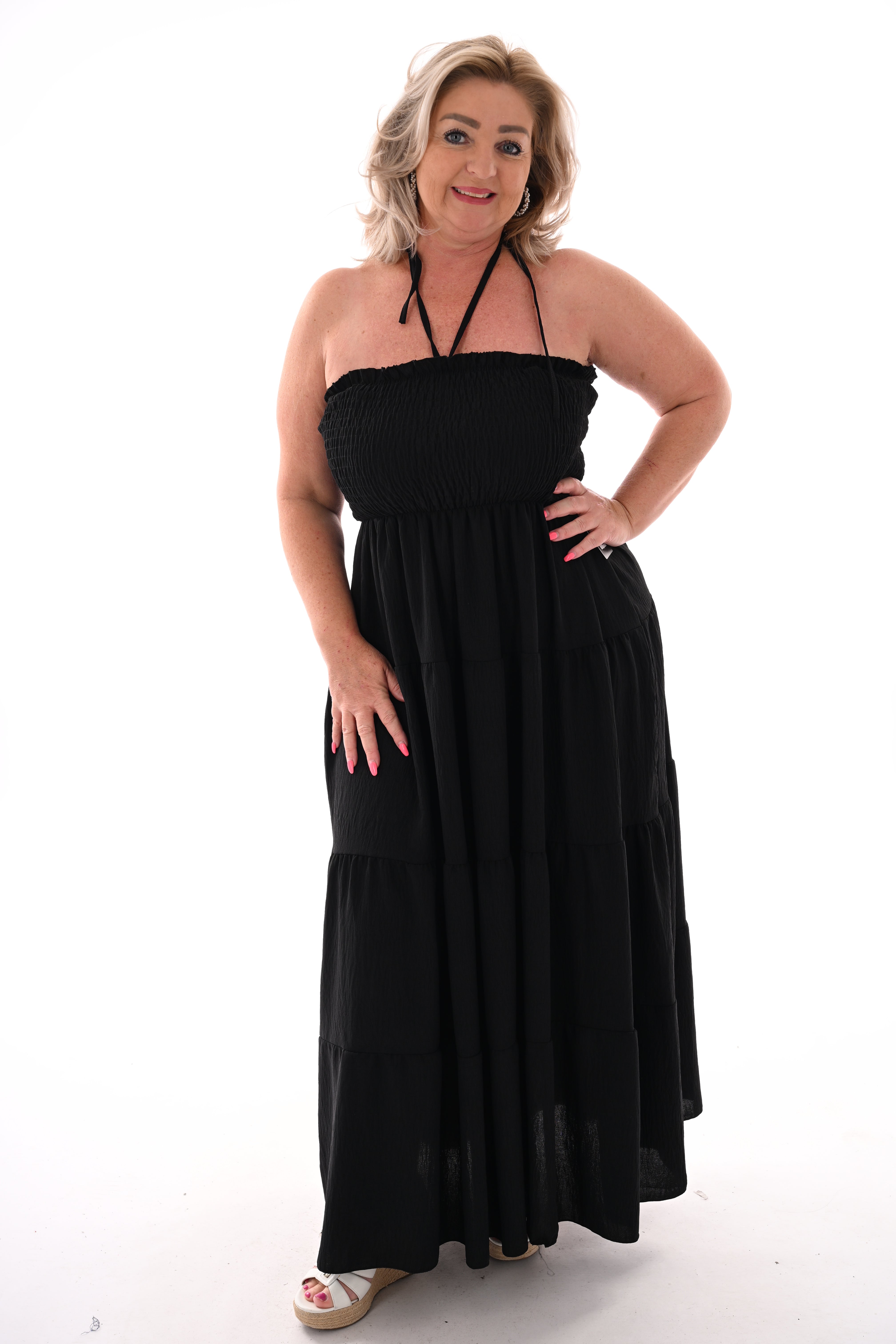Off-shoulder jurk smock detail uni zwart