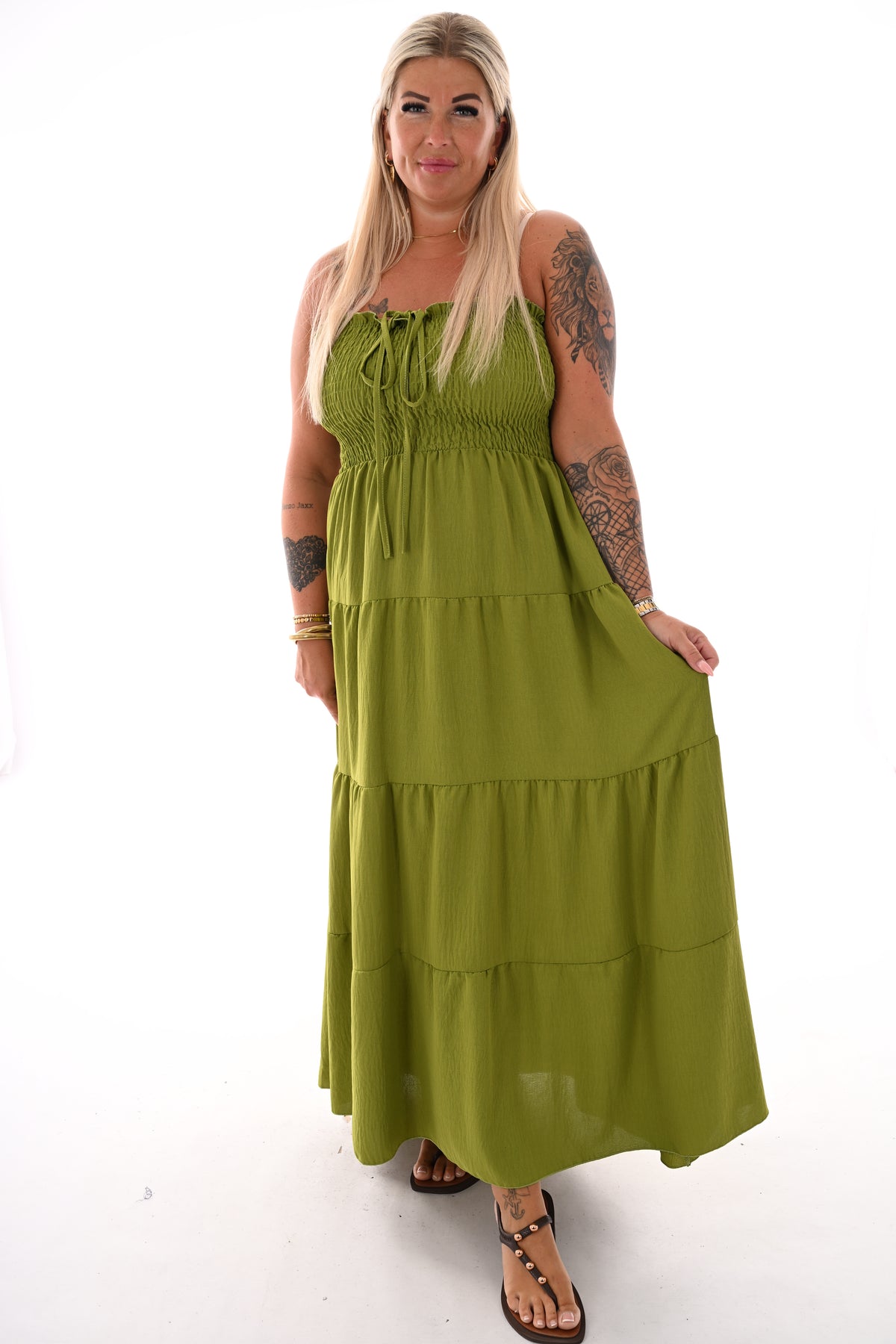 Off-shoulder jurk smock detail uni lime