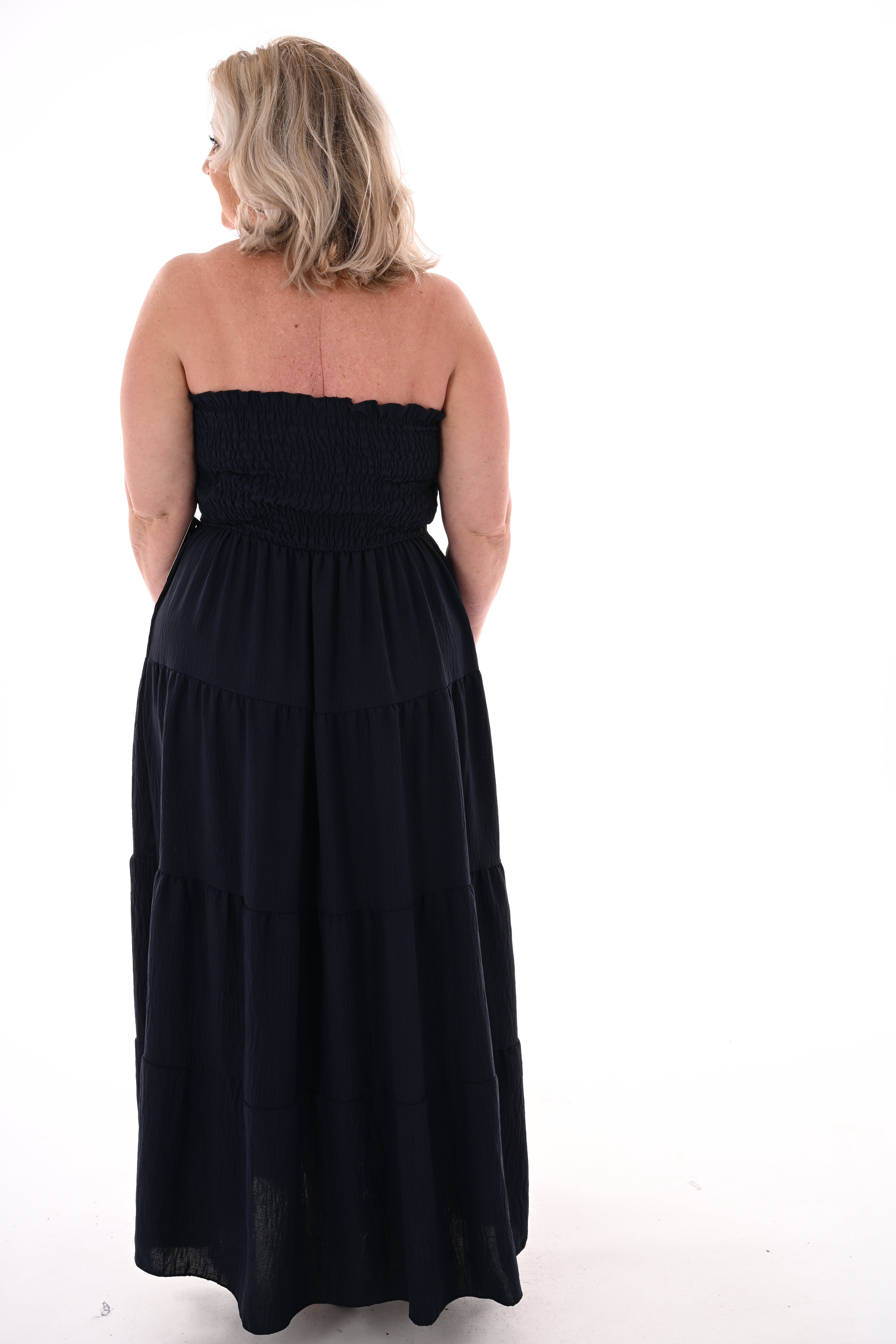 Off-shoulder jurk smock detail uni marineblauw