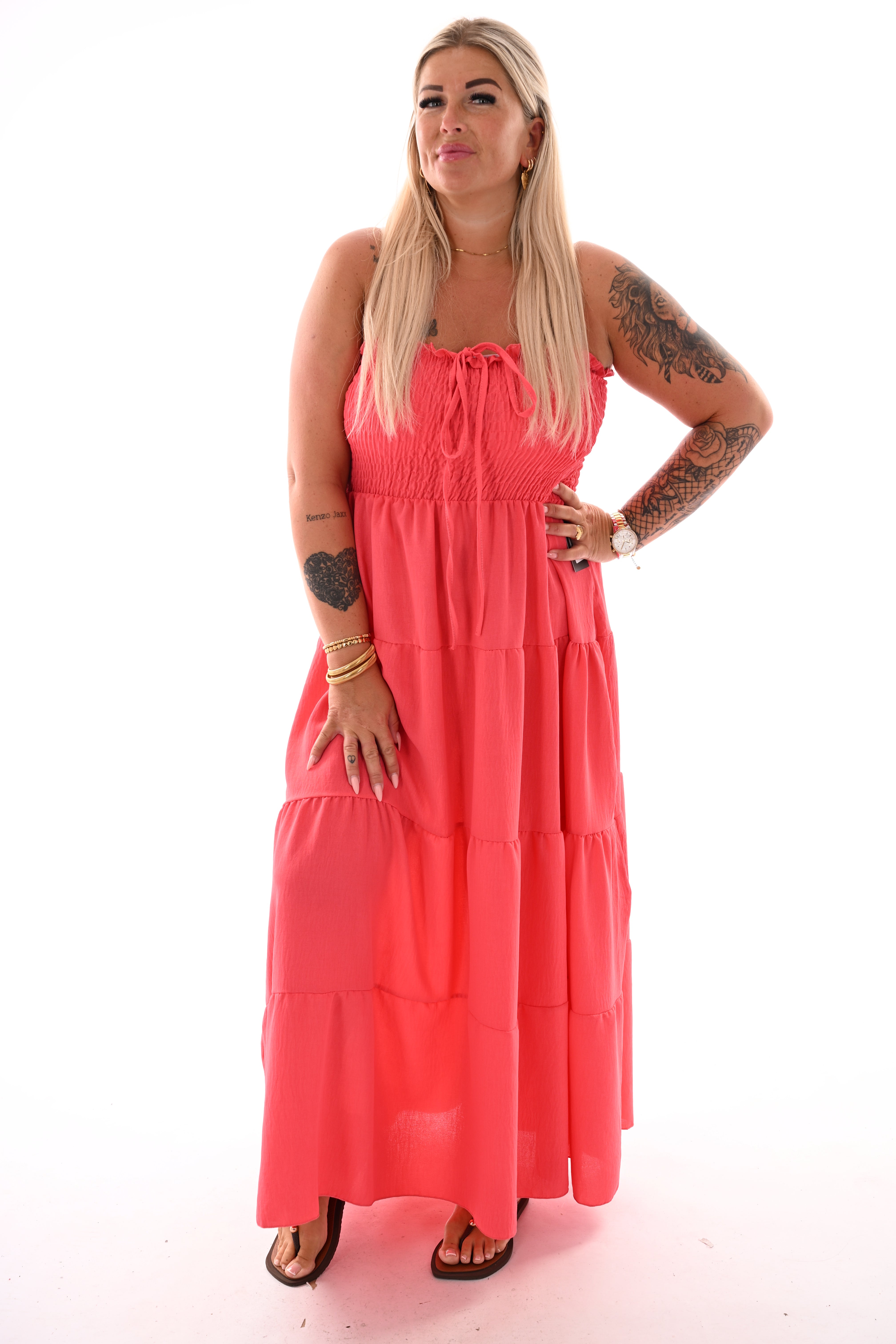 Off-shoulder jurk smock detail uni felroze