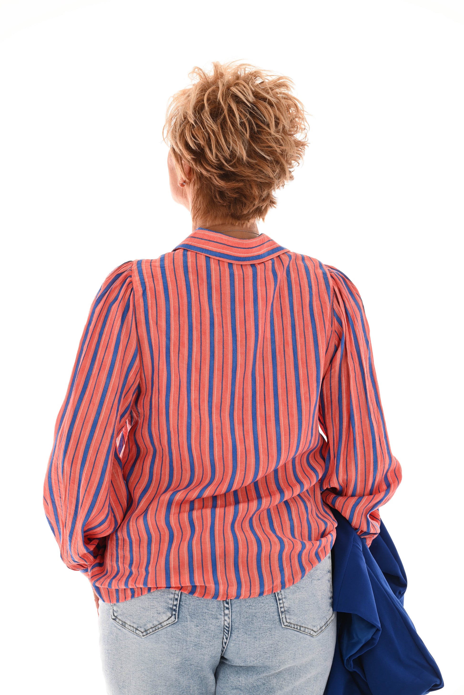 V gestreepte blouse oranje/blauw