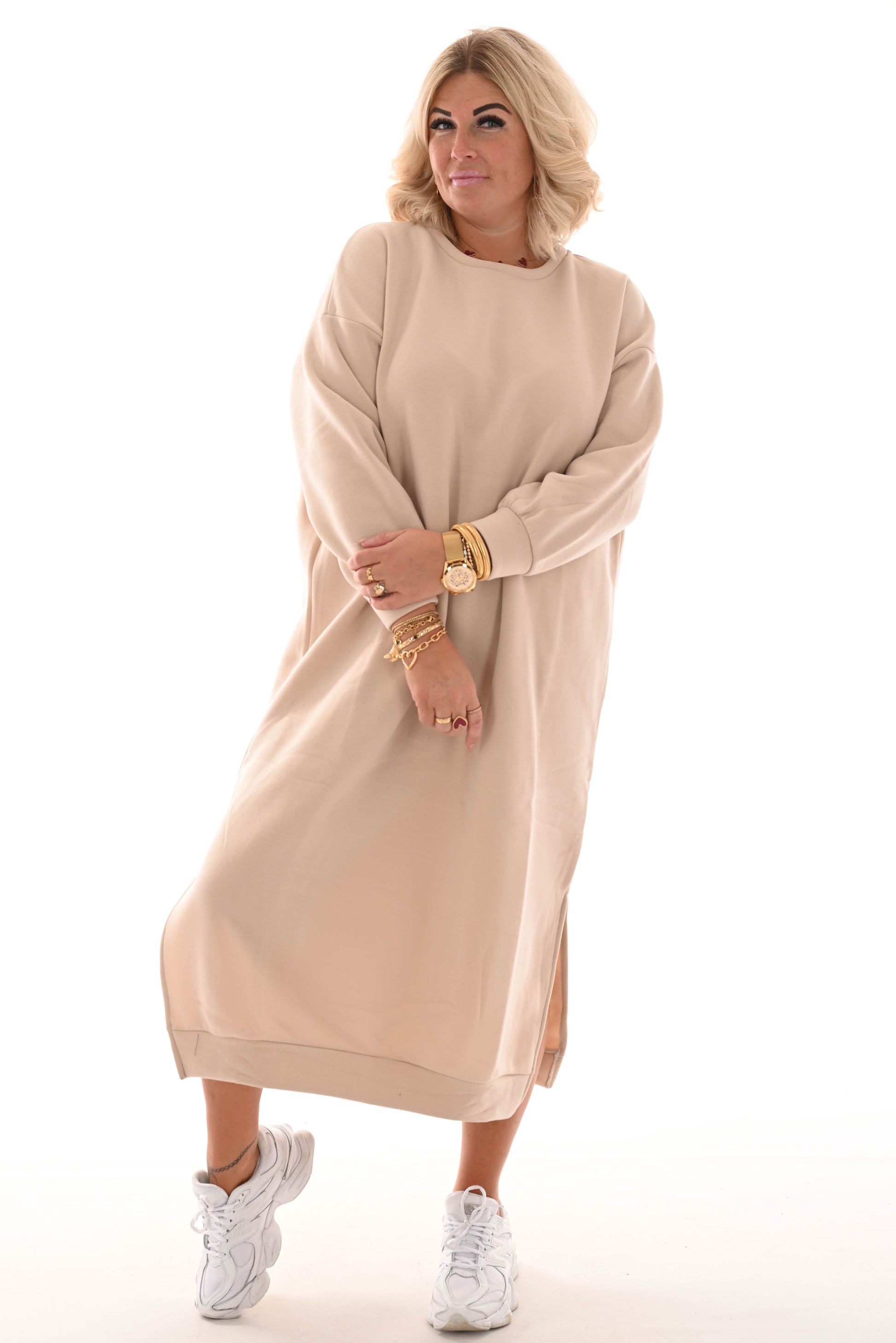 Sweaterdress met splitjes beige