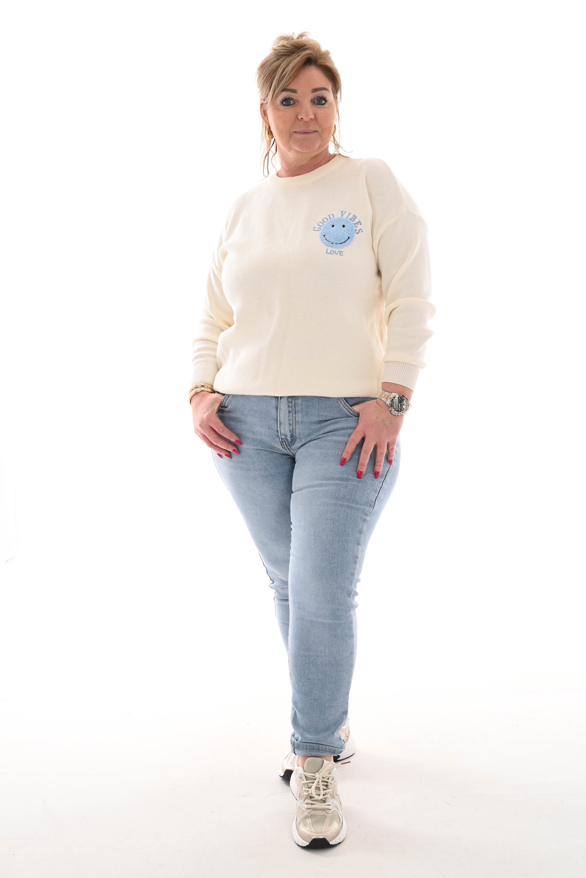 Trui Good Vibes smiley blauw