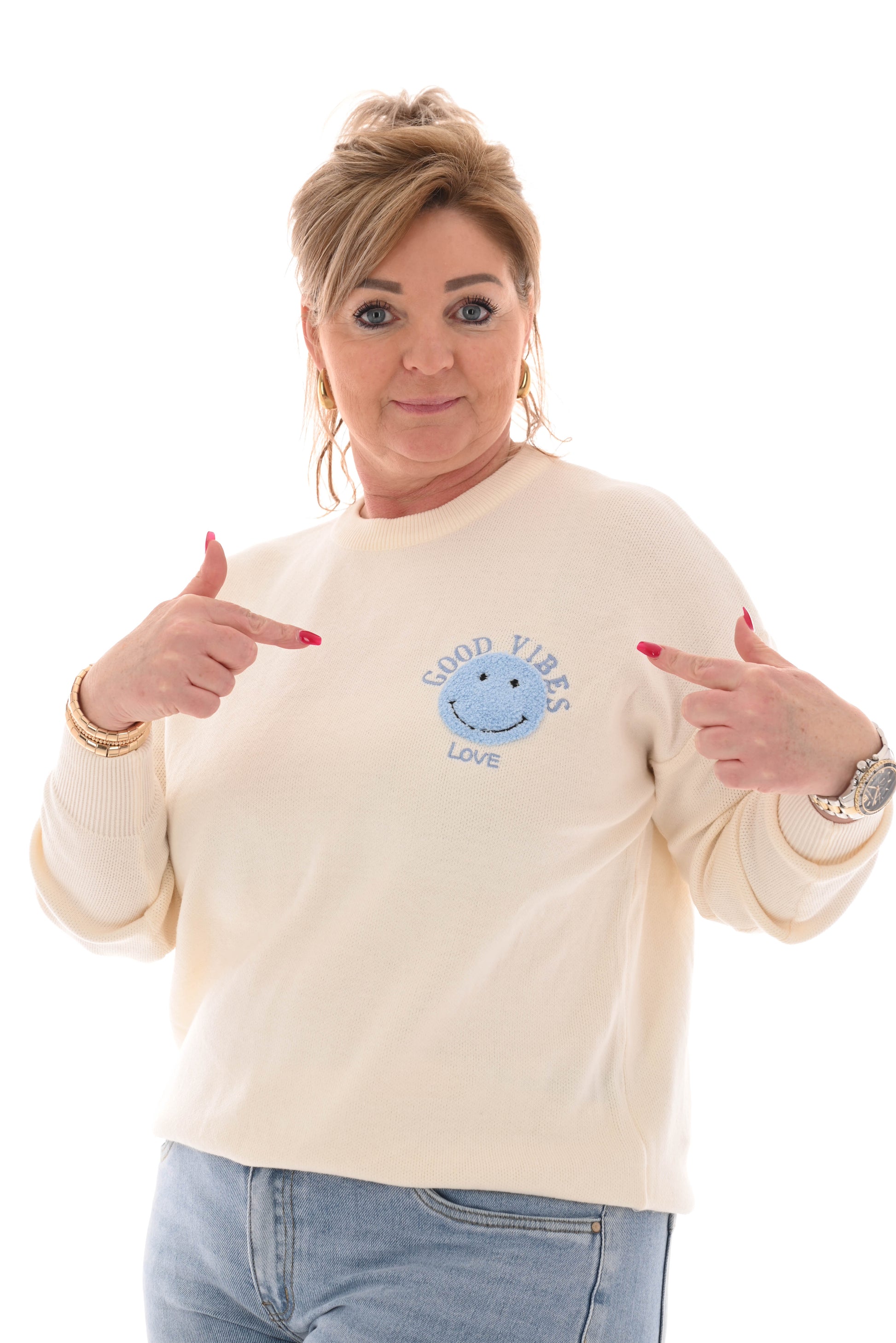 Trui Good Vibes smiley blauw