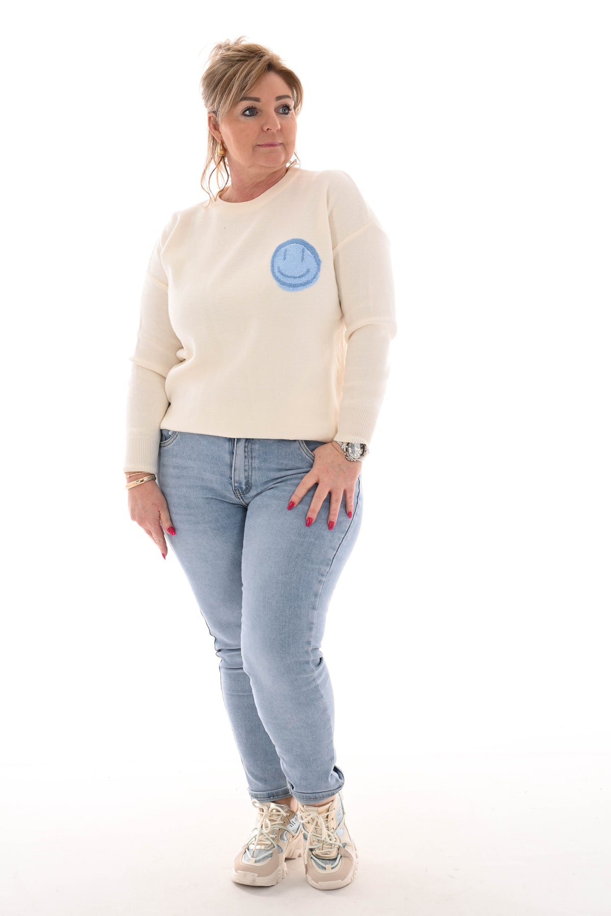 Trui smiley, hartjes en sterren blauw