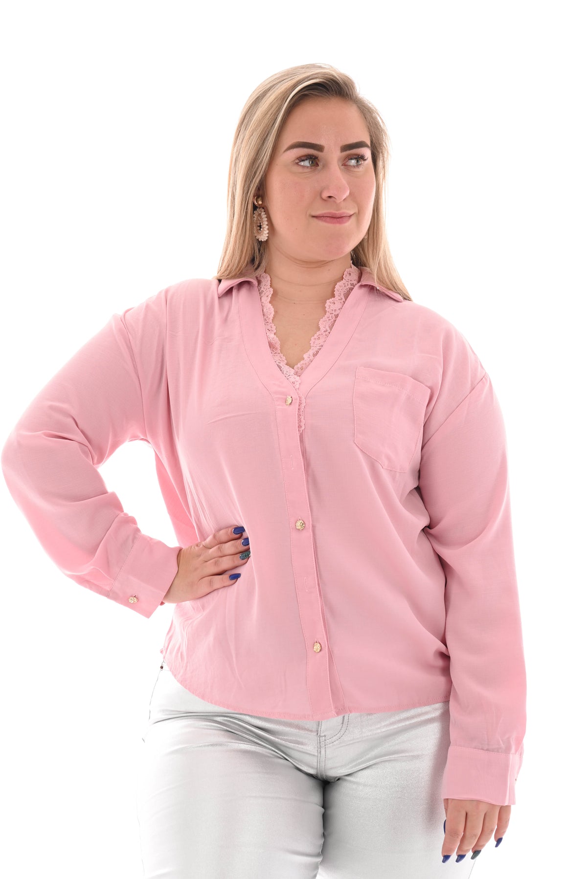 Blouse kanten v-hals roze