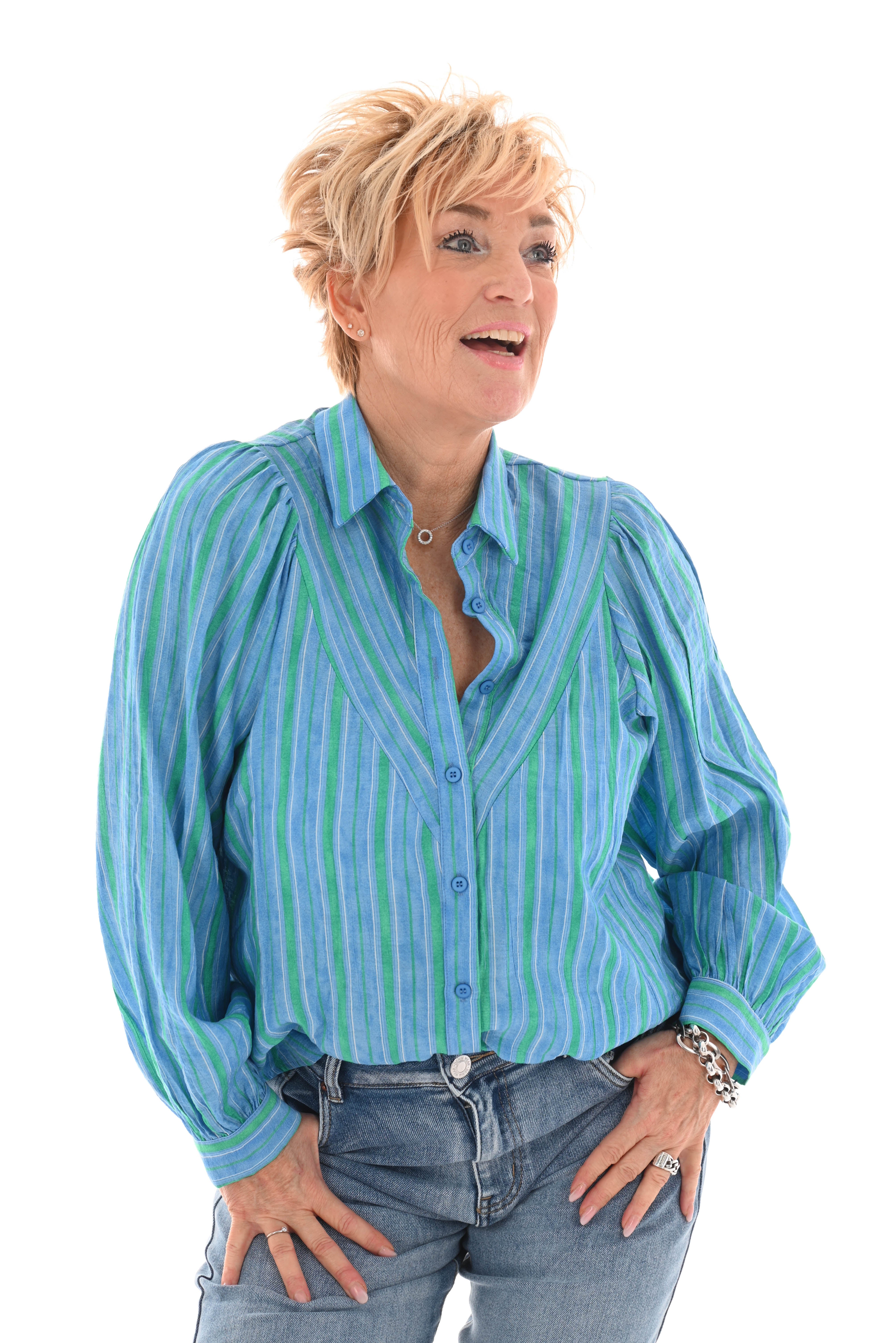 V gestreepte blouse blauw/groen