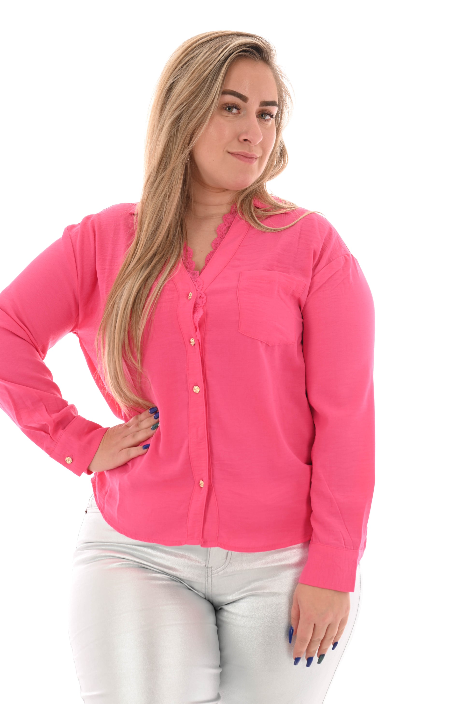 Blouse kanten v-hals fuchsia