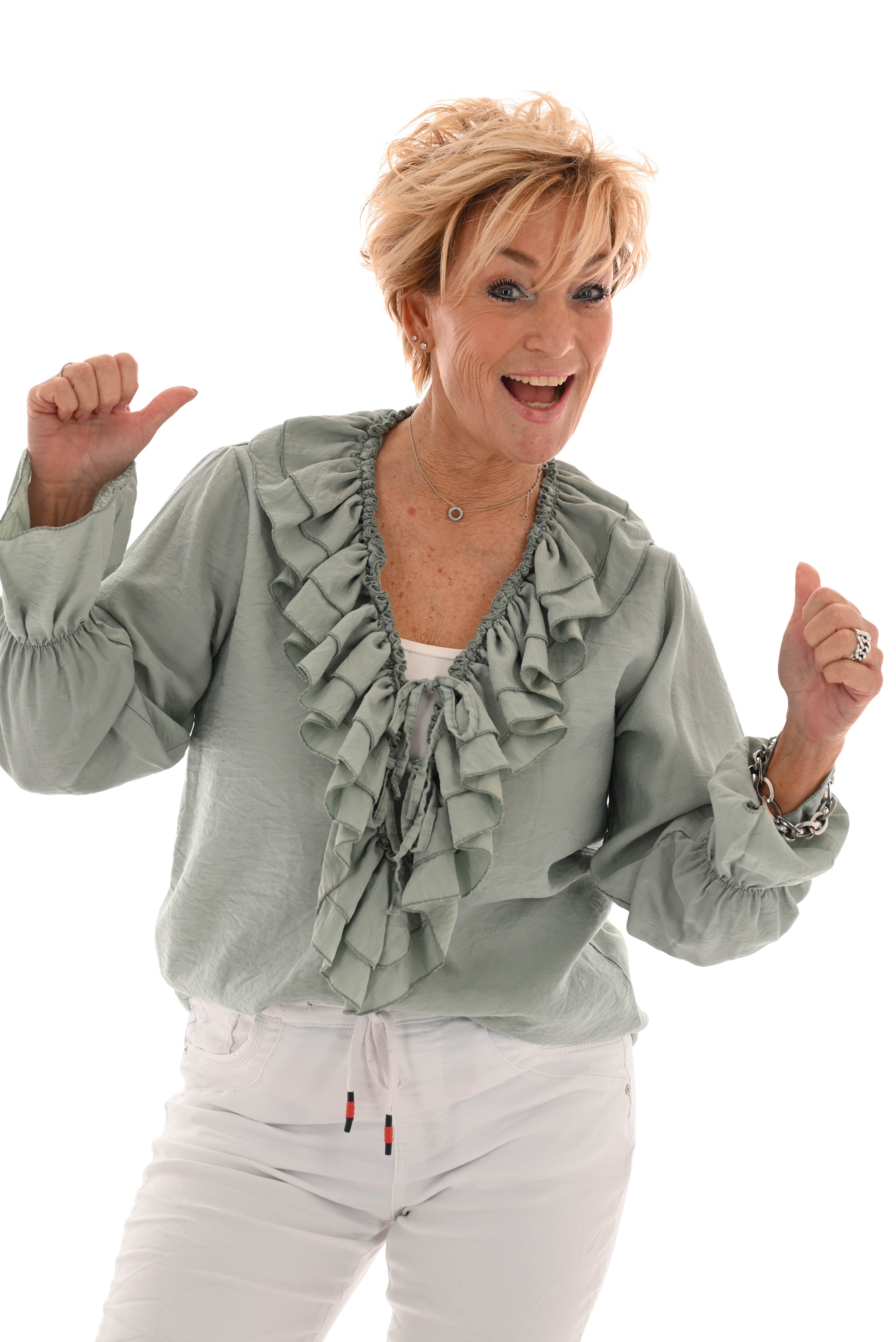 Blouse met roezels v-hals lindegroen