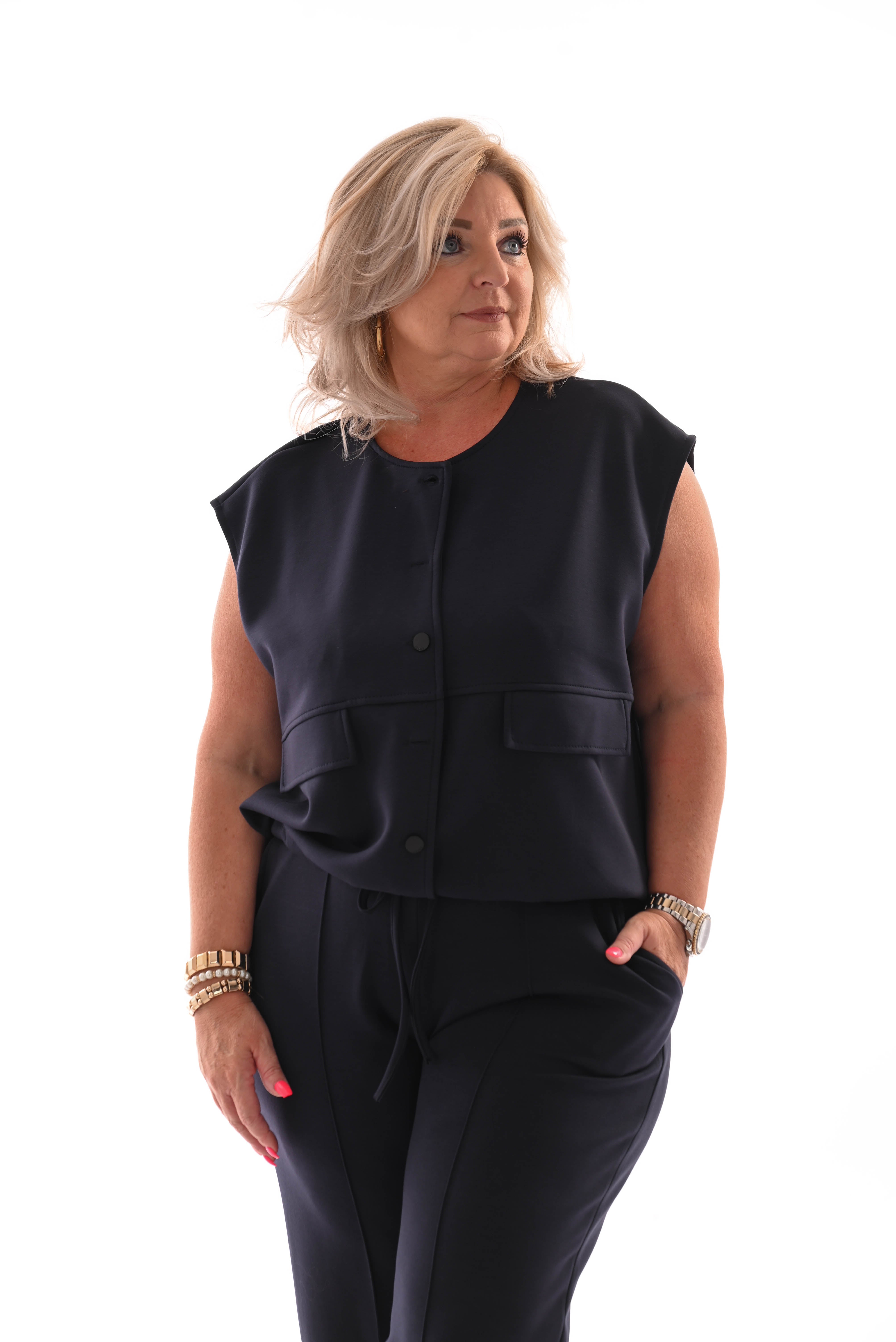 Tweedelig pak gilet knopen marineblauw