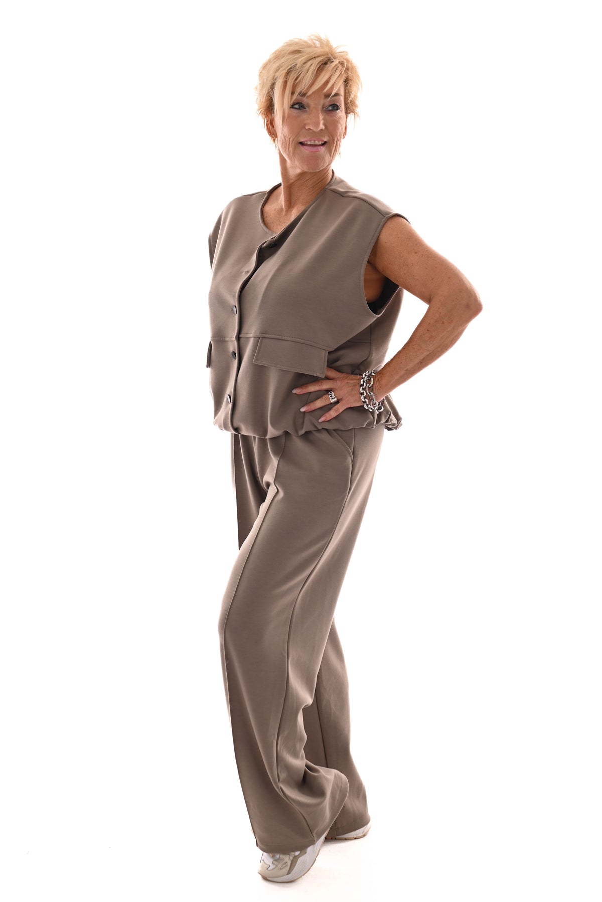 Tweedelig pak gilet knopen taupe