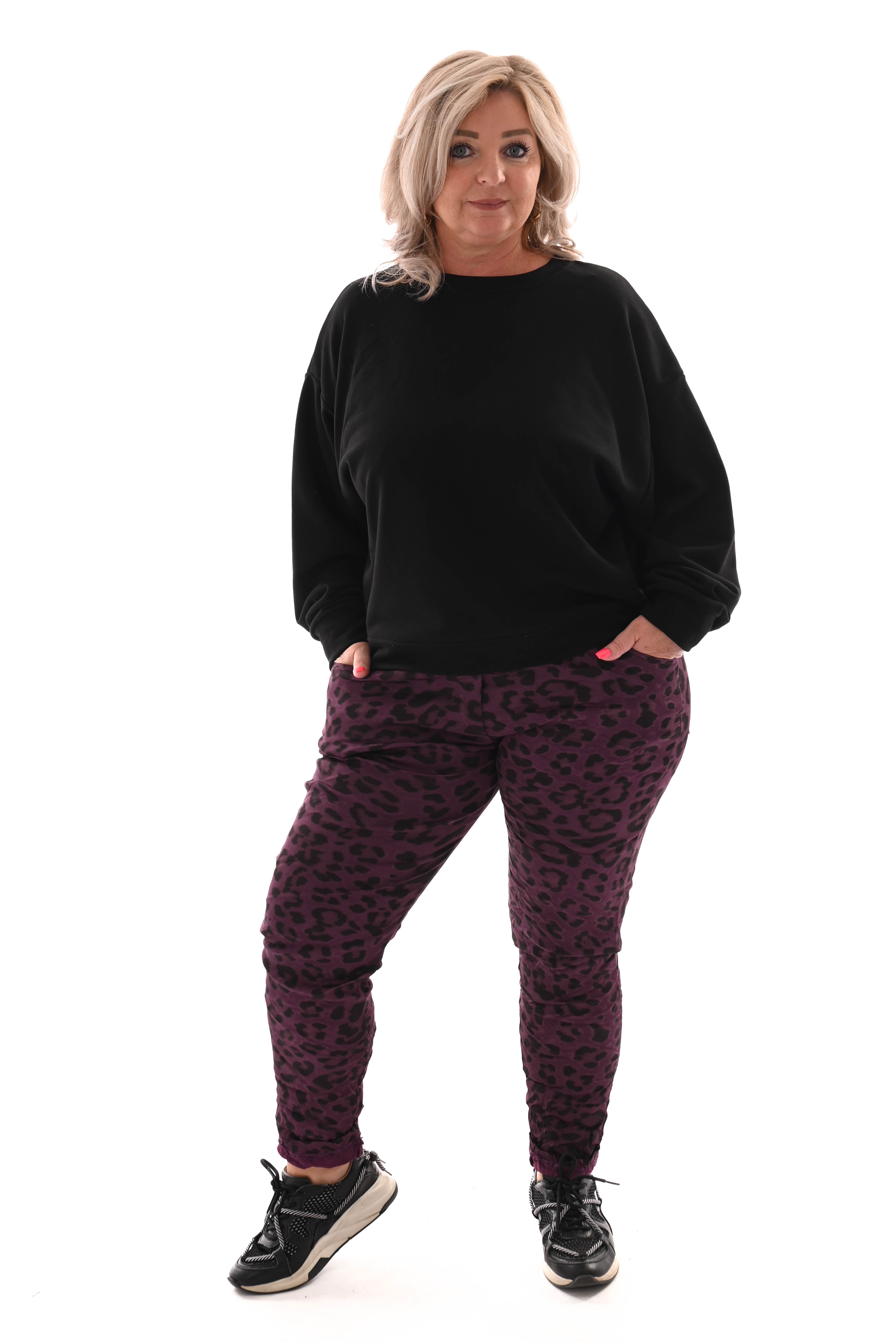 Silky stretchbroek panterprint paars