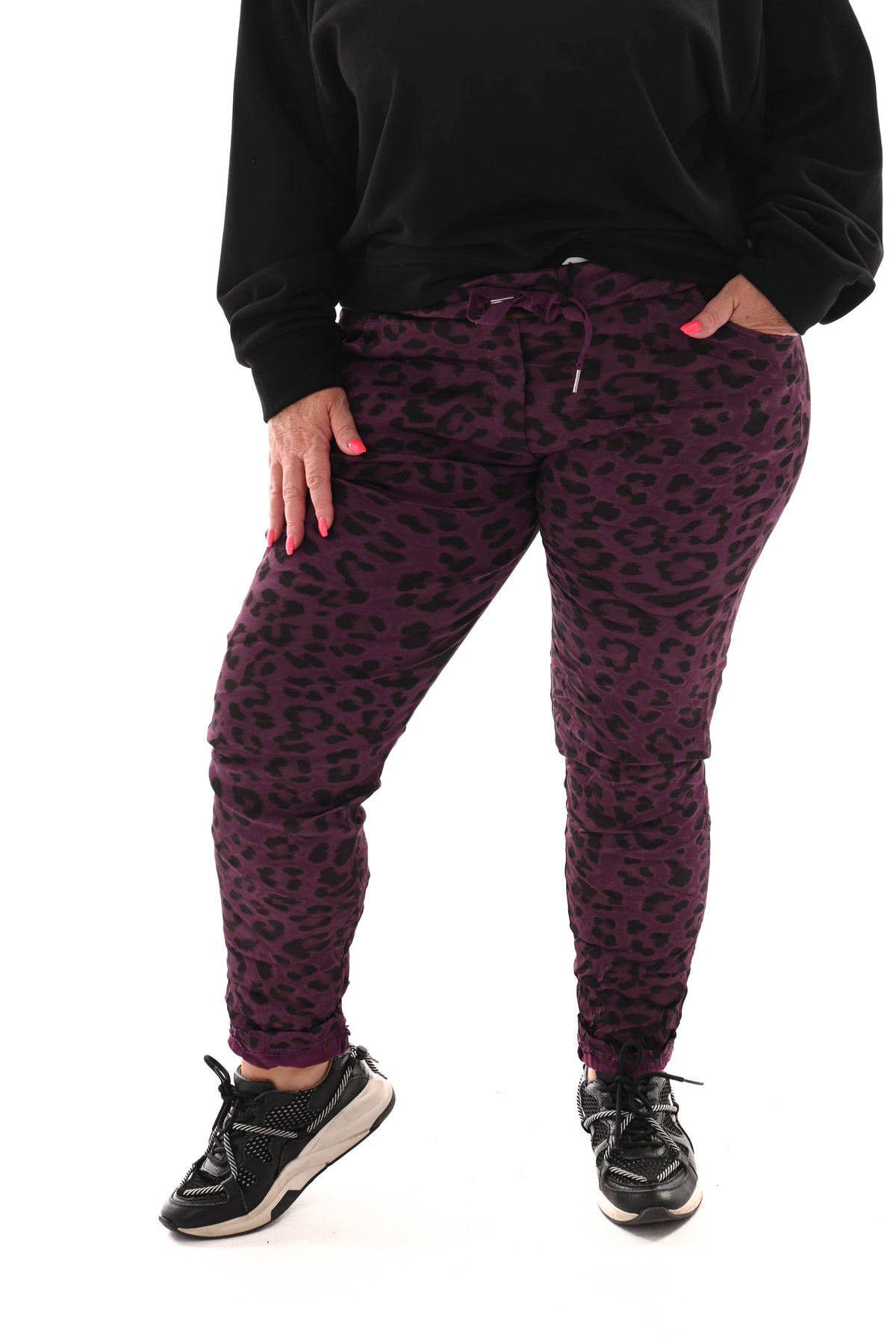 Silky stretchbroek panterprint paars