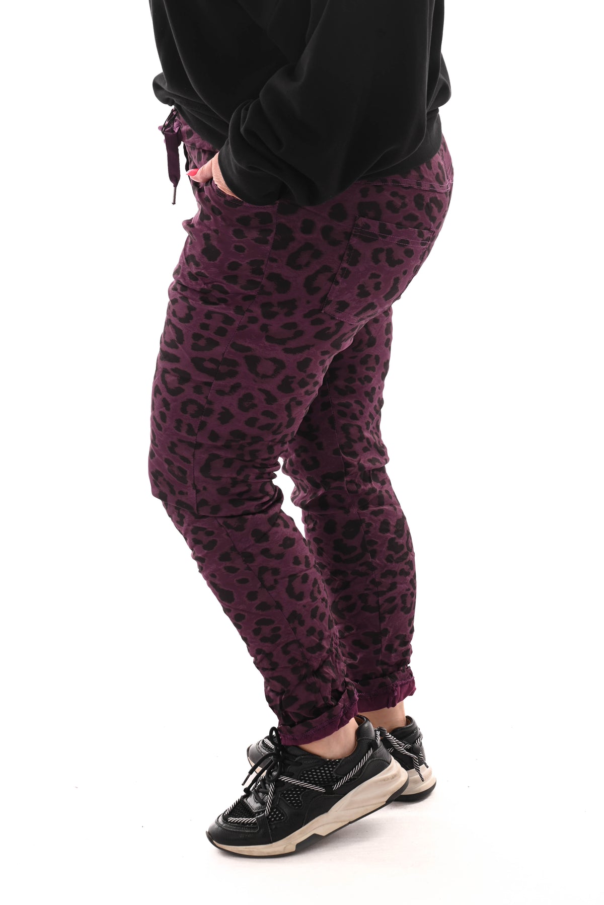 Silky stretchbroek panterprint paars